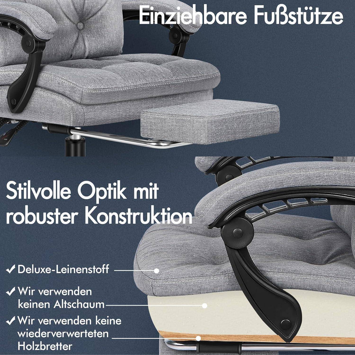 Relaxsessel aus grauem Stoff mit verstellbarer Fußstütze. Textelemente auf Deutsch heben Merkmale hervor: ‚Deluxe-Leinenstoff', robuste Verarbeitung.