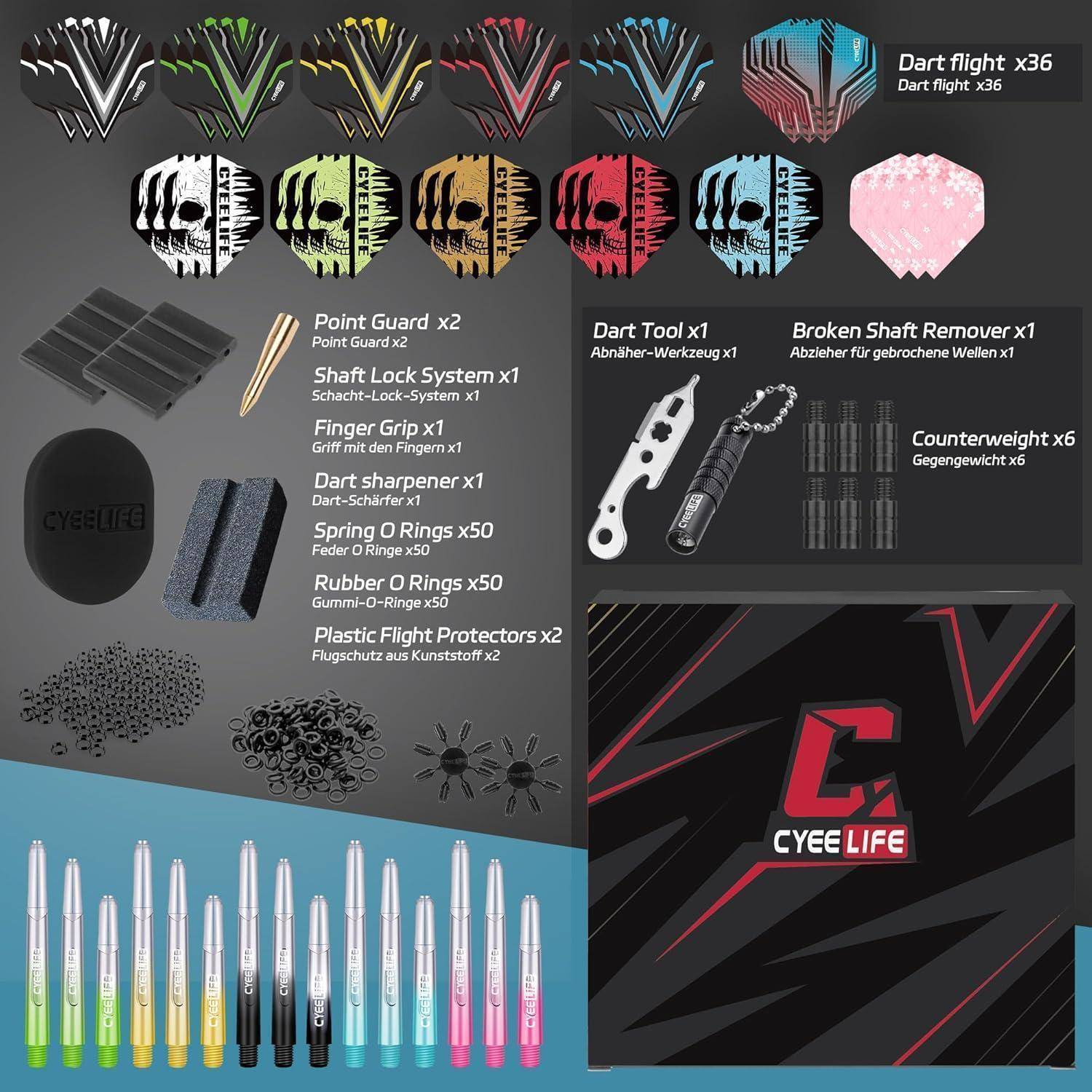 Dartzubehör 180tlg Flights Schäfte ORings Extractor Gradient Shafts