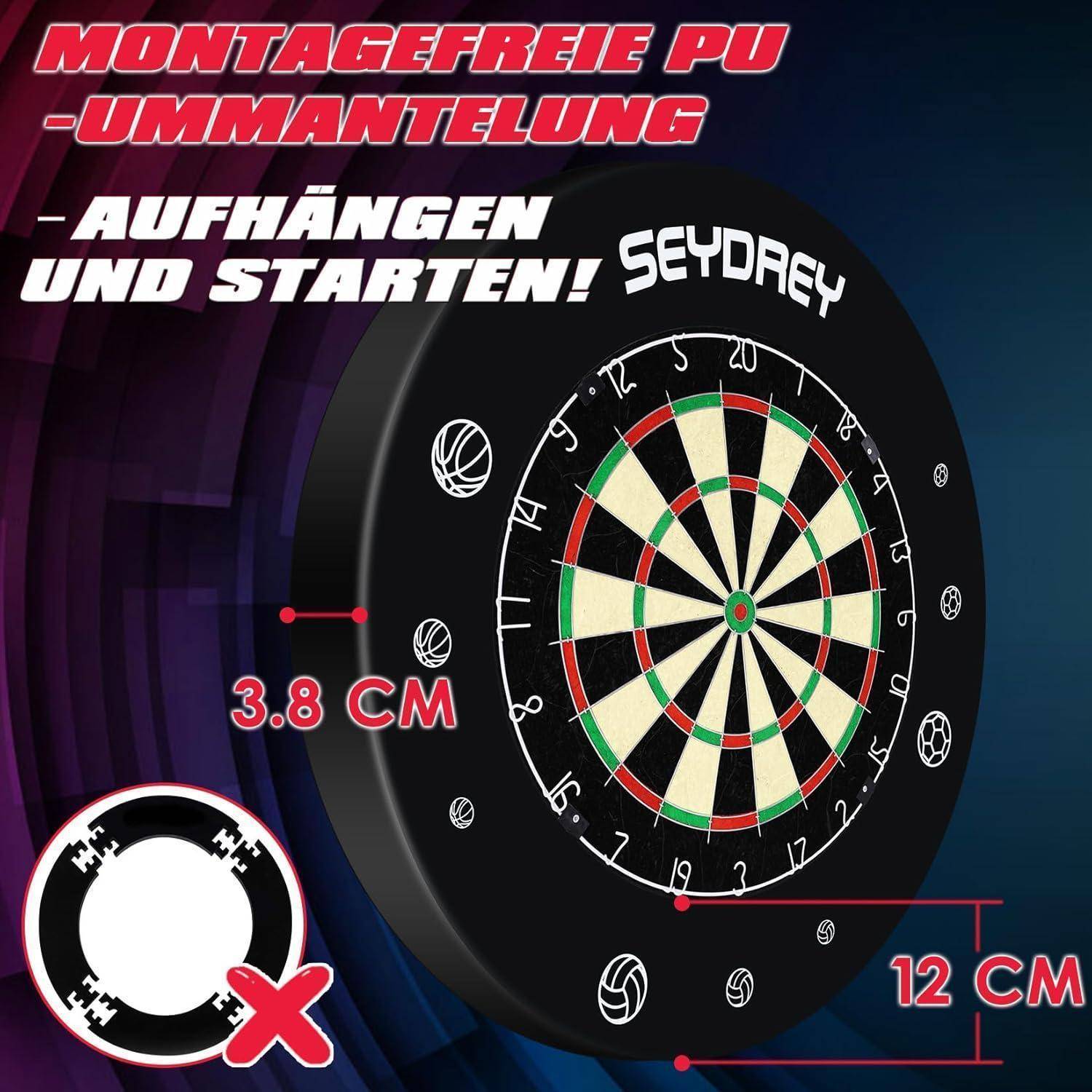 Rundes Dartboard mit hervorgehobenen Größen: 3,8 cm und 12 cm. Text lautet: „Montagefrei mit PU-Ummantelung – Aufhängen und Spielen!