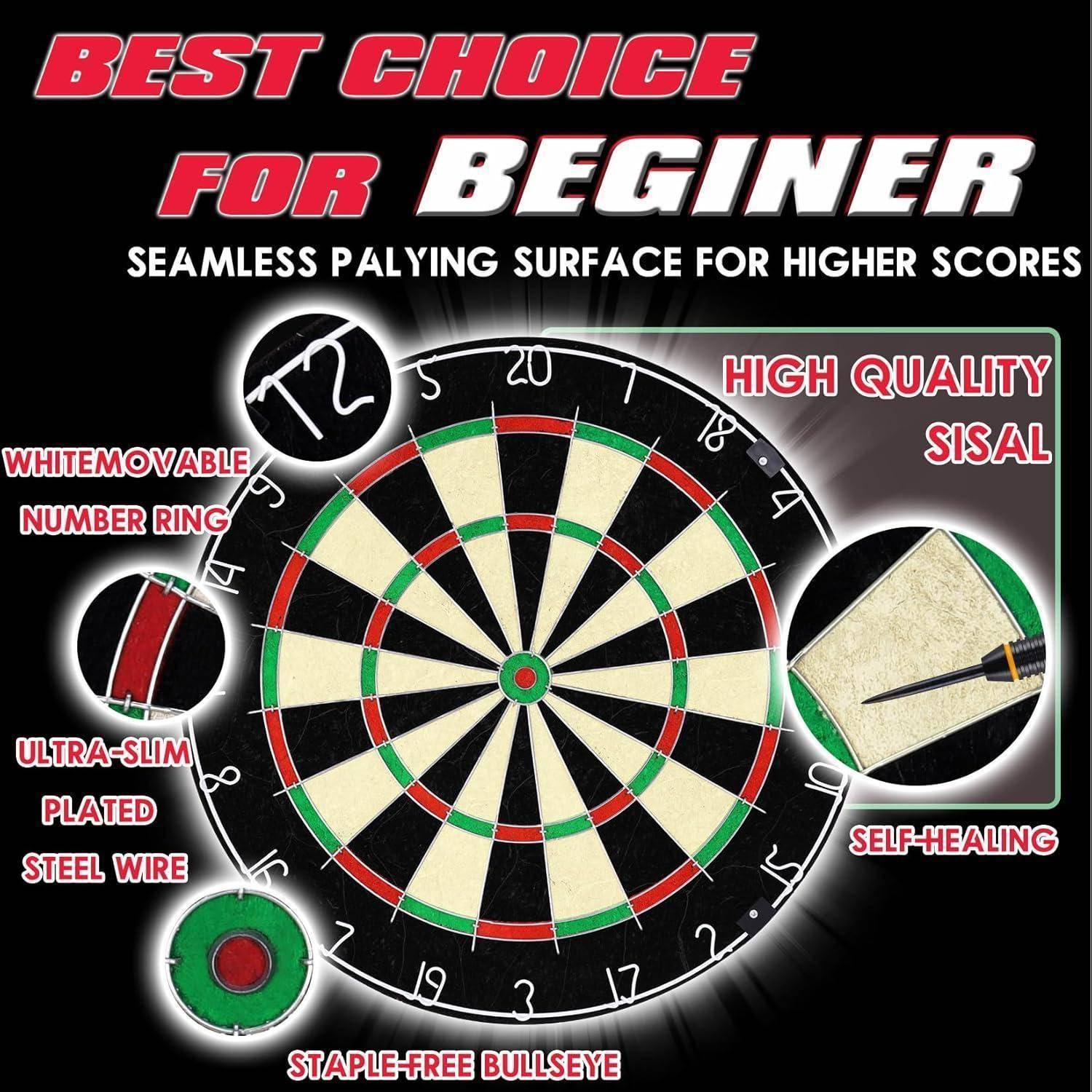 Zu den Merkmalen der Dartscheibe gehören eine nahtlose Spieloberfläche, hochwertiges Sisal, ultraschlanke Drahtung, beweglicher Nummernring und staplefreie Bullseye-Zone.