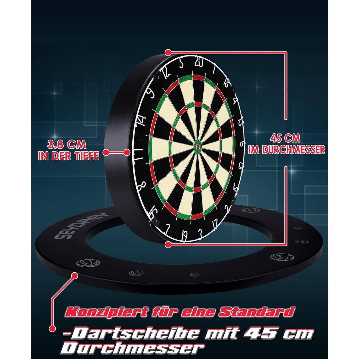 Eine Dartscheibe wird gezeigt mit Maßen: 45 cm Durchmesser und 3,8 cm Tiefe. Deutscher Text übersetzt als „Entwickelt für eine Standard-Dartscheibe mit 45 cm Durchmesser.