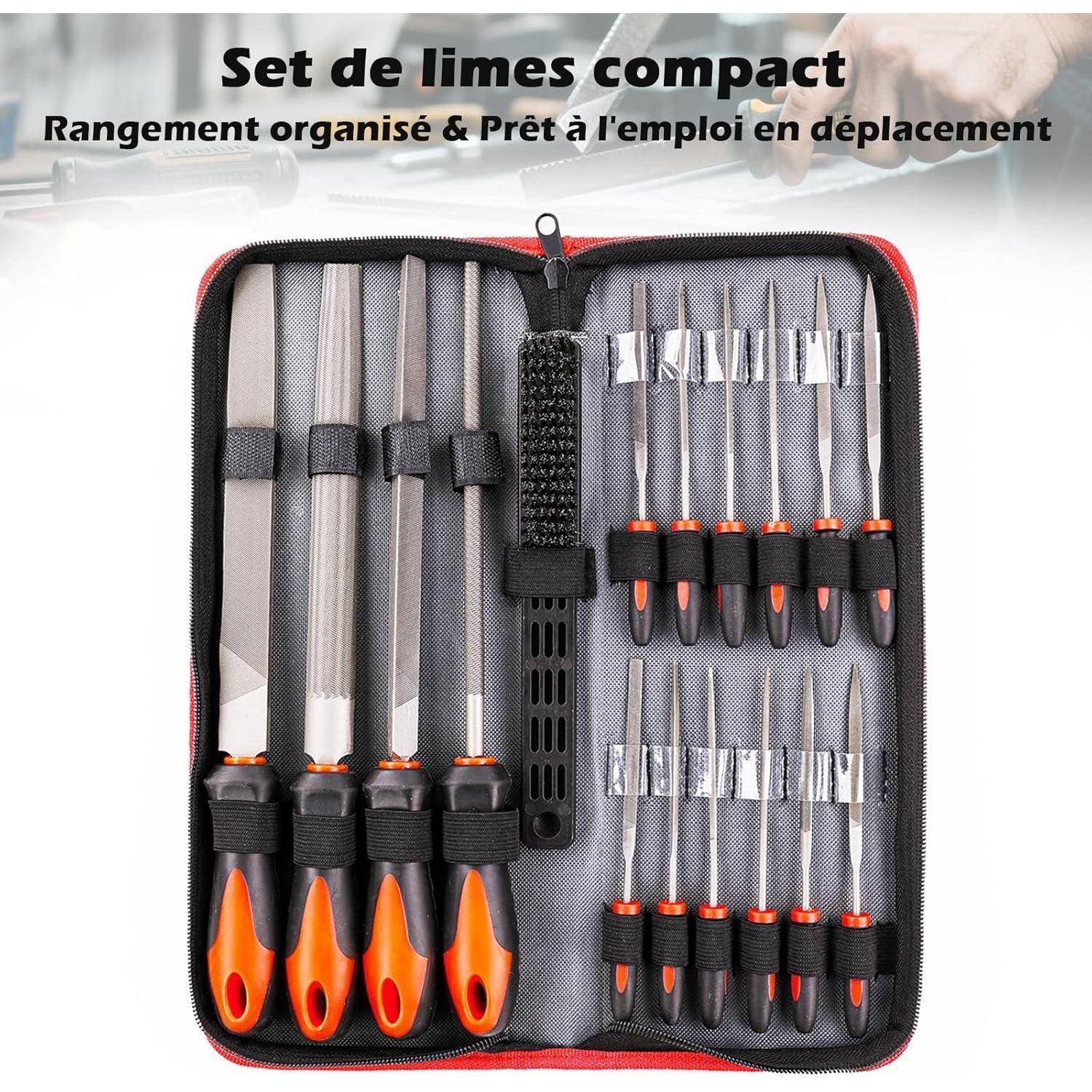 Eine kompakte Sammlung verschiedener Dateien mit orangefarbenen Griffen in einem schwarzen Koffer, die für eine organisierte Aufbewahrung und einfachen Transport konzipiert ist.