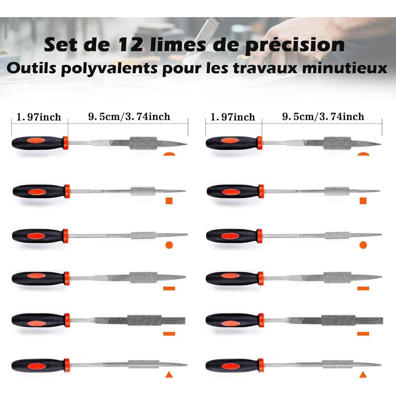 Set von 12 Präzisionsfeilen: Vielseitige Werkzeuge für detaillierte Arbeiten. Zwölf Präzisionsfeilen mit Maßen von 4,99 cm und 9,50 cm, geeignet für feingliedrige Arbeiten.