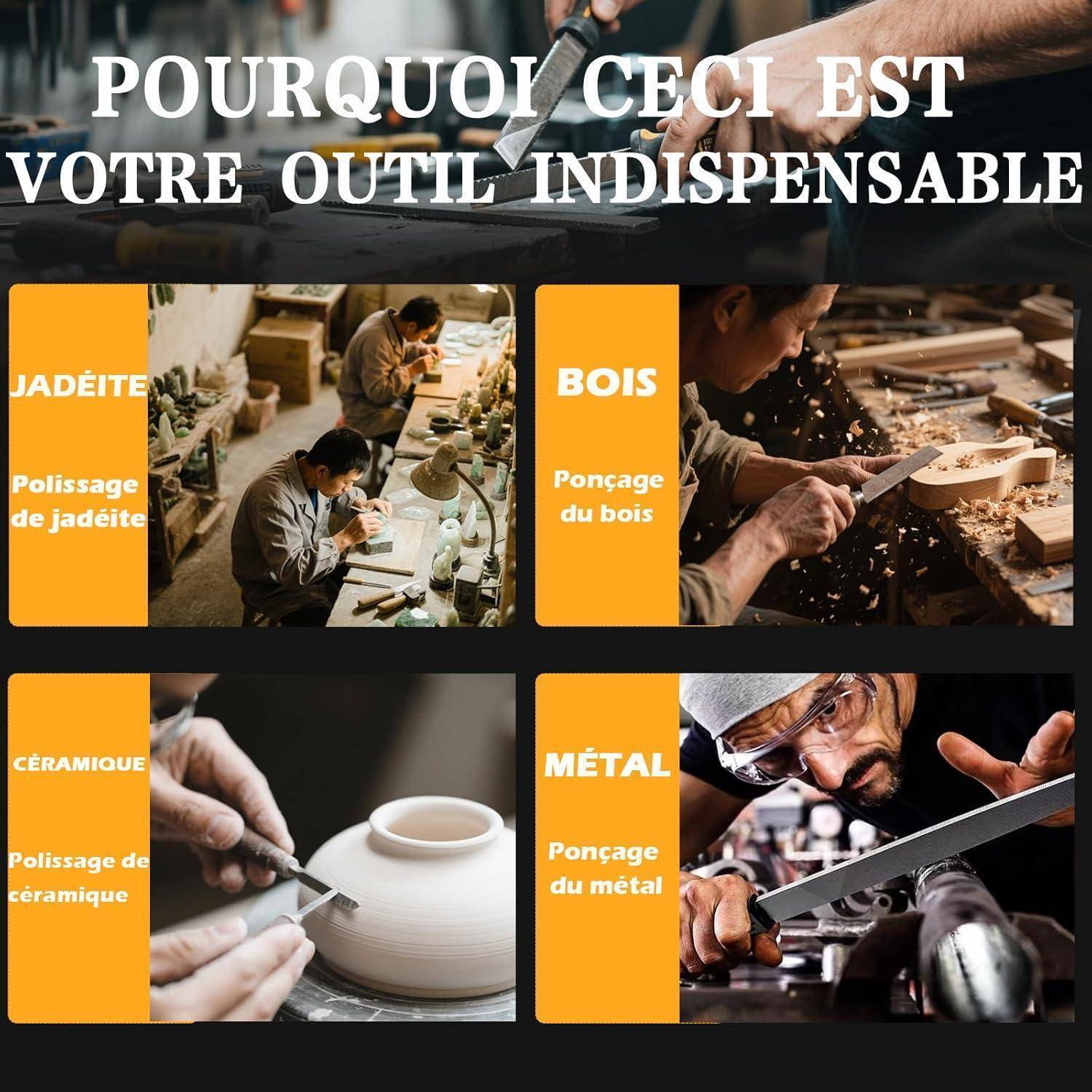 Das Bild bewirbt ein Werkzeug, das für das Polieren verschiedener Materialien unerlässlich ist. Es zeigt Menschen, die an Jadeit, Holz, Keramik und Metall arbeiten.