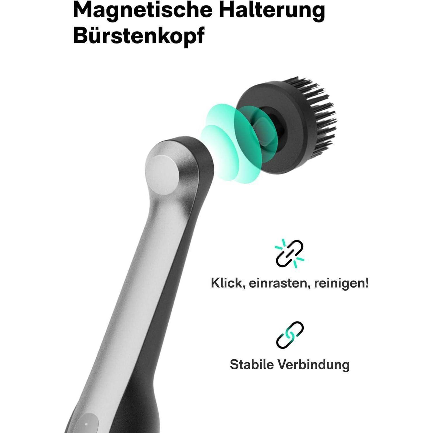 Elektrische Zahnbürste mit magnetischer Befestigung für den Bürstenkopf; gekennzeichnet mit 'Klick, einrasten, reinigen!' und 'Stabile Verbindung'.