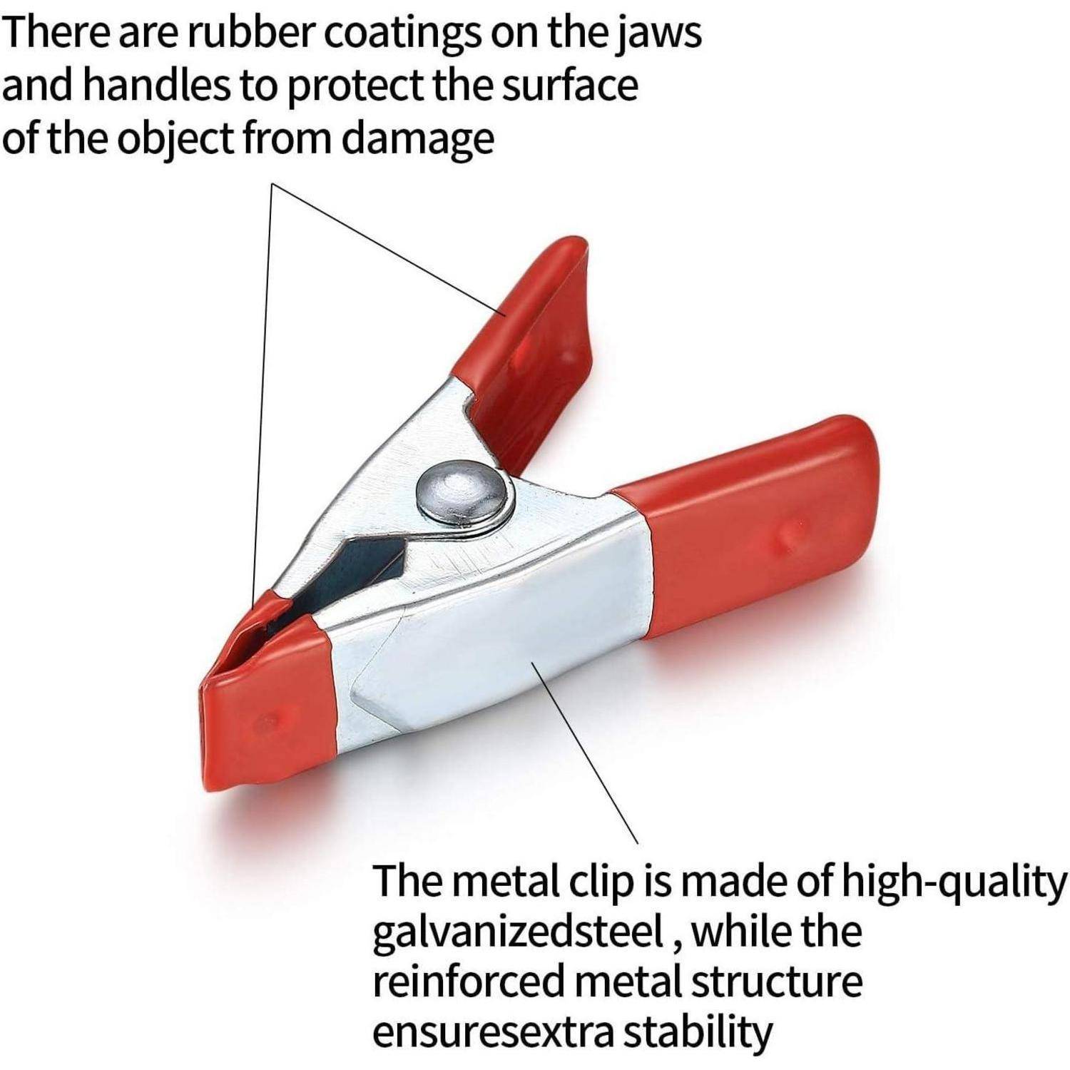 Eine rote Metallklemme mit Gummiüberzügen an den Backen und Griffen zum Schutz von Gegenständen. Hergestellt aus hochwertigem verzinktem Stahl für maximale Stabilität.