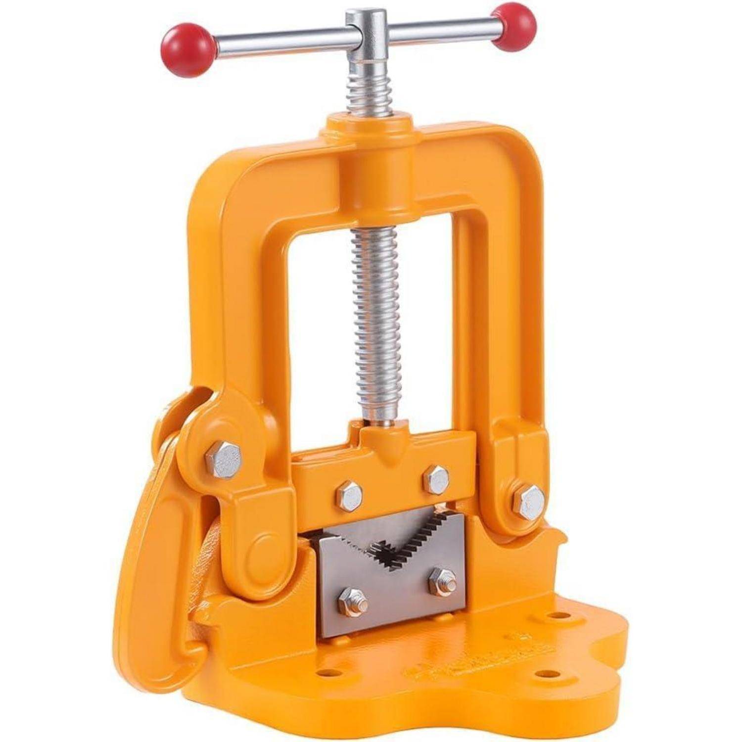 Eine hell-orangefarbene Bohrmaschinen-Schraubstock mit einem metallenen Schraubgriff und verstellbarer Klemmvorrichtung, verwendet zum Befestigen von Materialien während Bohrarbeiten.