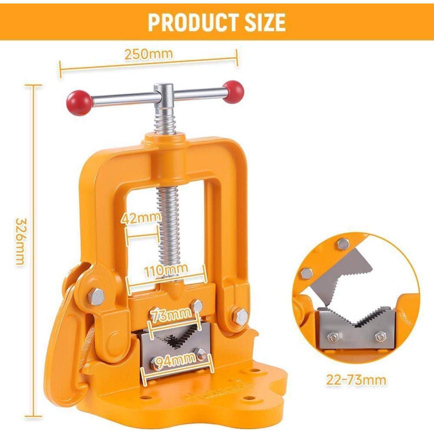 Das 'Produktgröße'-Diagramm zeigt einen orangefarbenen Schraubstock mit folgenden Abmessungen: Breite 250 mm, Höhe 326 mm, Backenbreite 75 mm und Klemmbereich 22-73 mm.