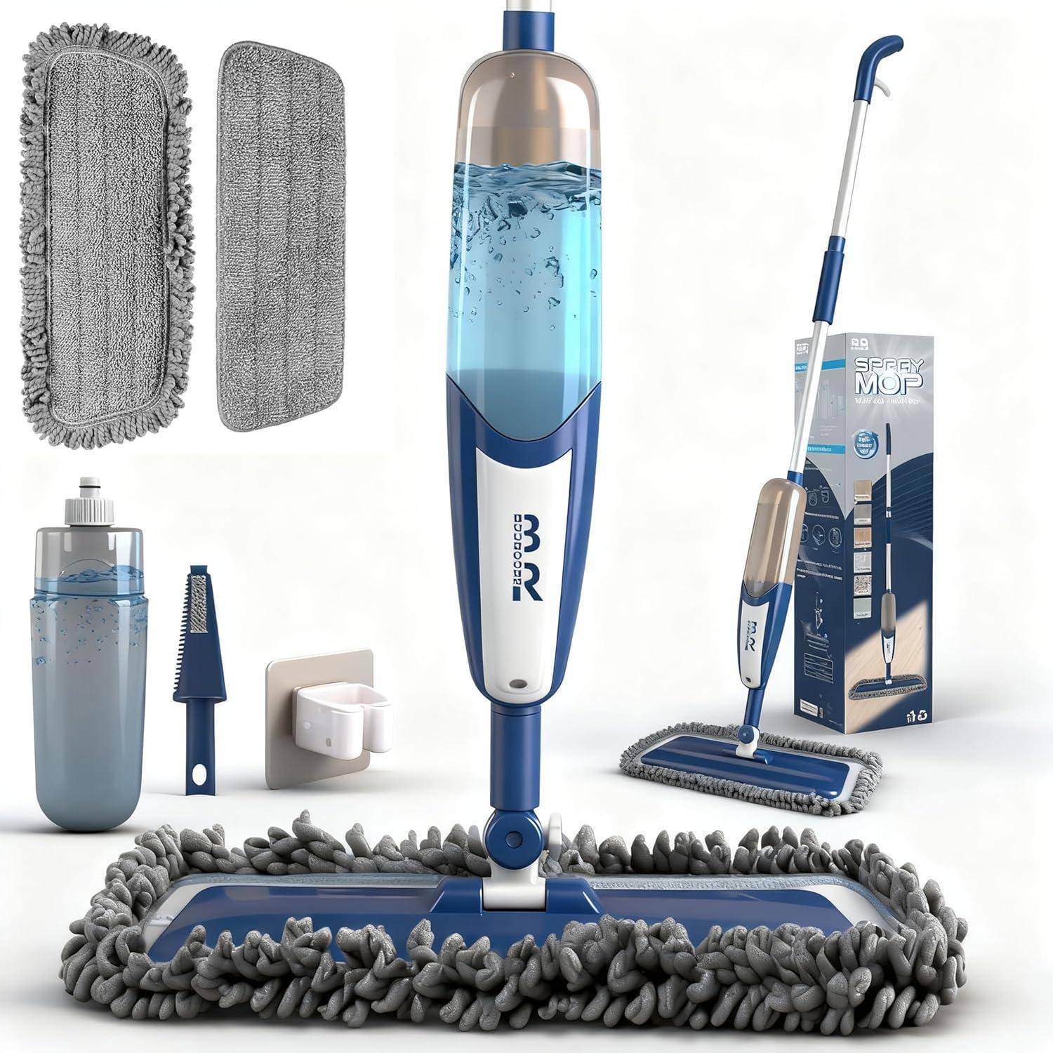 Spray-Wischmop-Set umfasst einen Wischmop mit Flasche, in grau und blau gestaltet, zusätzliche Pads, Reinigungslösungsflasche und Verpackung. Perfekt für die Hausreinigung.