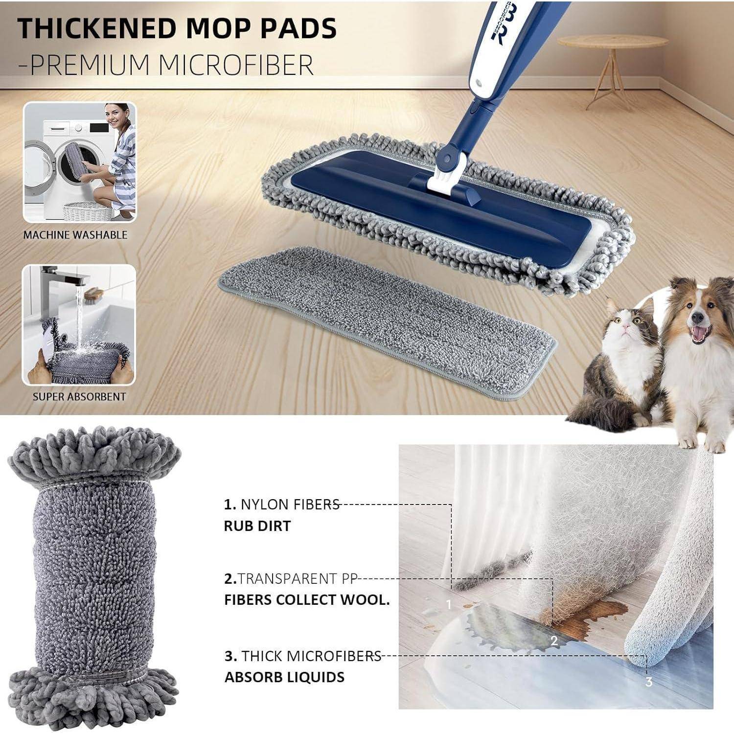 Wischmopp mit verstärkten Mikrofaserpads, saugt Flüssigkeiten auf, maschinell waschbar. Abbildung zeigt Padstruktur: Nylonfasern, transparentes PP, dicke Mikrofasern. Hund liegt in der Nähe des Mopps.