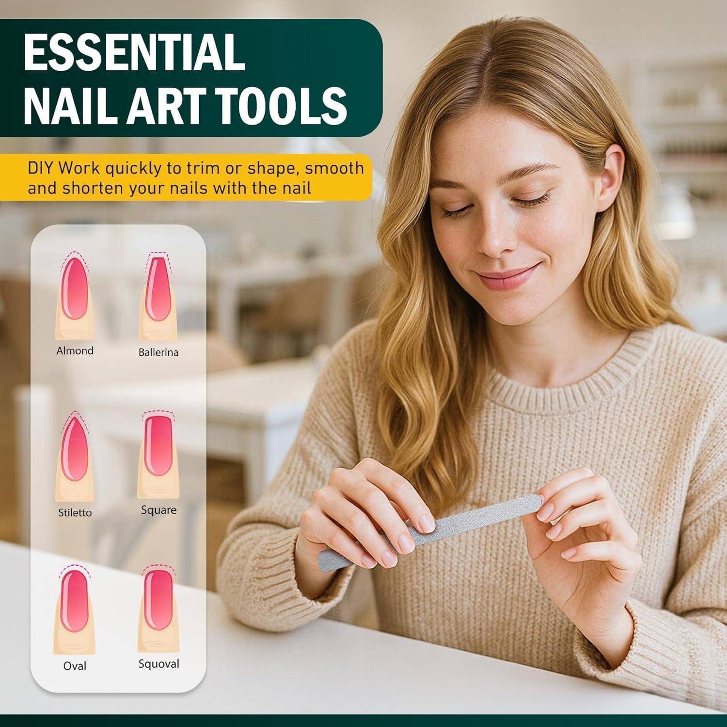 Essenzielle Nagelkunst-Werkzeuge: DIY-Arbeit zum schnellen Trimmen oder Formen, Glätten und Kürzen Ihrer Nägel mit der Nagelfeile. Frau, die eine Nagelfeile benutzt.