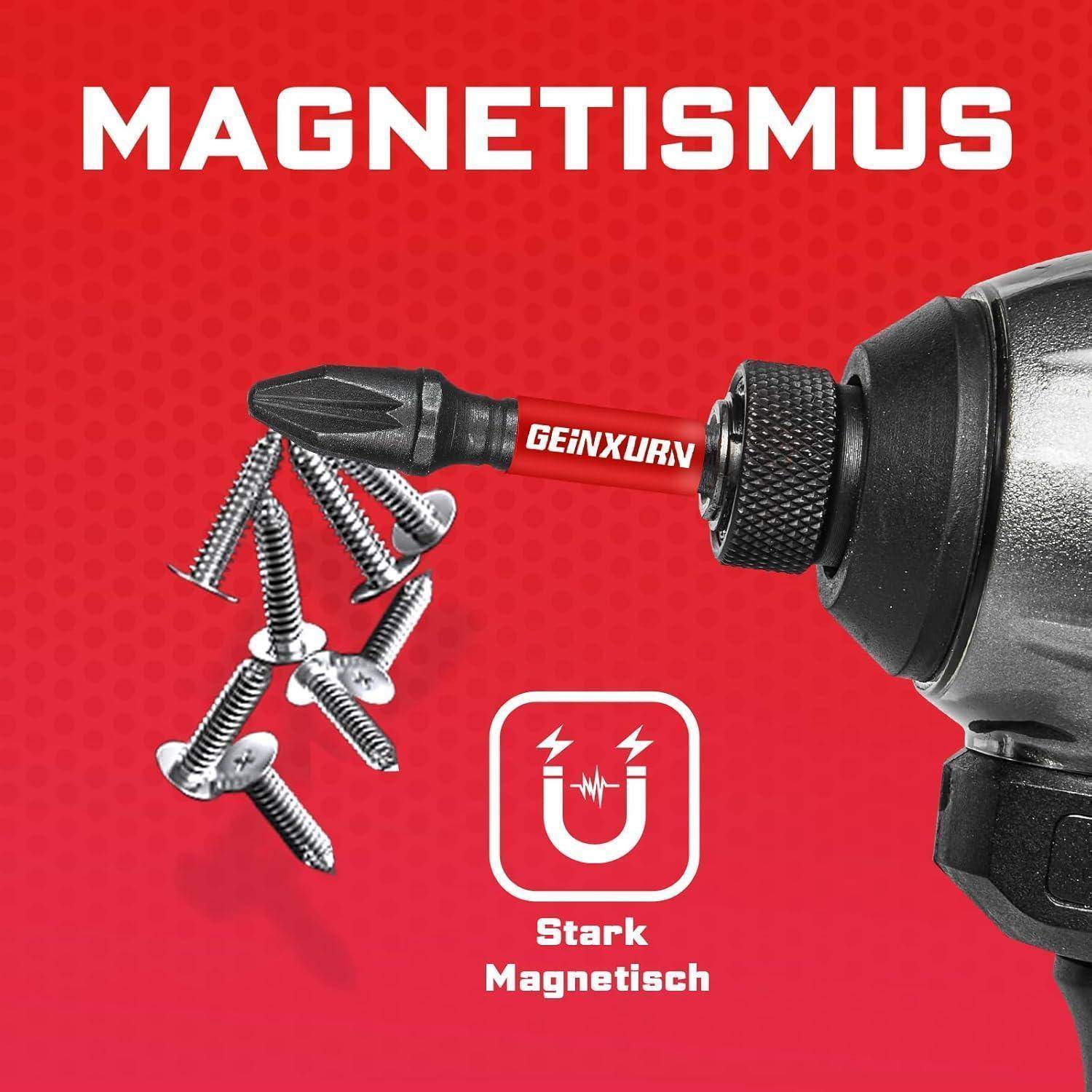 Ein magnetischer Schraubendreher-Bit, der mehrere Schrauben hält, in roter Farbe hervorgehoben und mit 'GEINXURV' beschriftet, der eine starke Magnetisierung veranschaulicht.