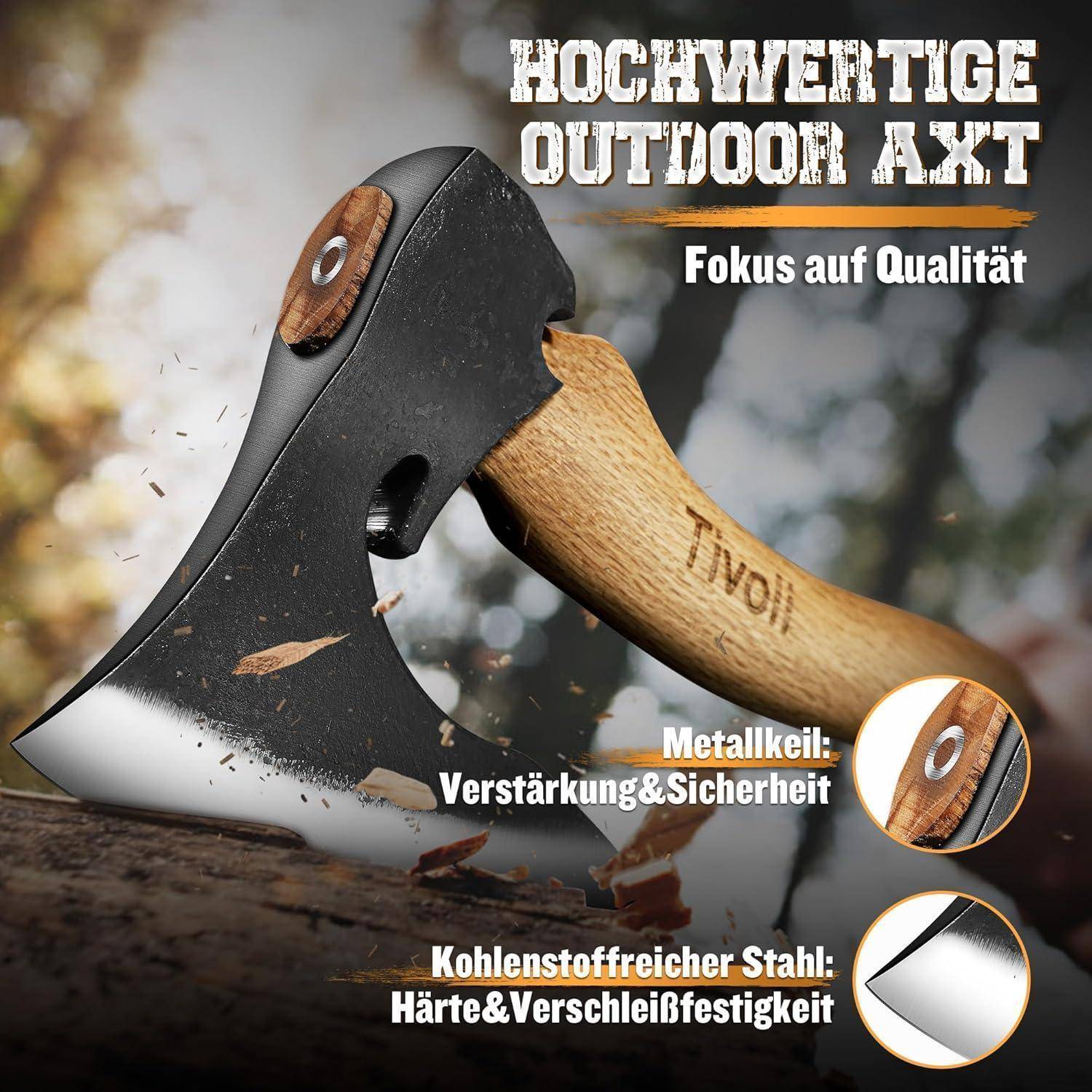 Axt Survival 42cm Kohlenstoffstahl Holzgriff Lederbezug Jagd XL