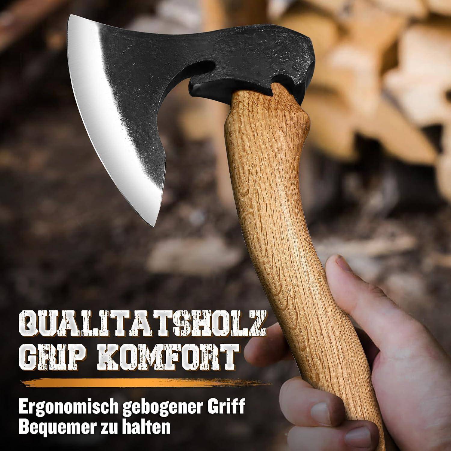 Axt Survival 42cm Kohlenstoffstahl Holzgriff Lederbezug Jagd XL