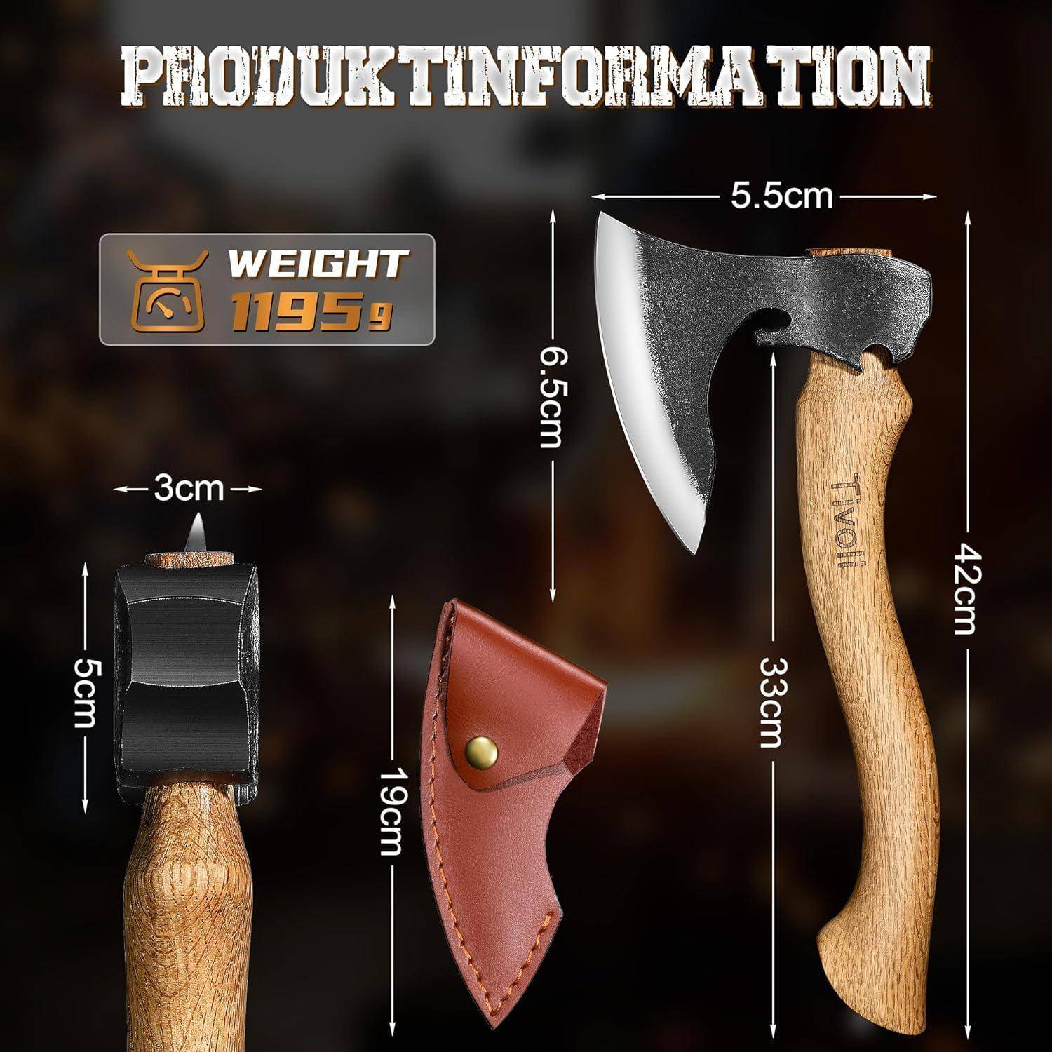Ein Bild, das eine detaillierte Produktansicht einer Axt zeigt. Die Axt ist 42 cm lang mit einer Klingenbreite von 5,5 cm. Sie umfasst eine 19 cm lange Griffummantelung und einen 33 cm langen Griff und wiegt 1195 g.