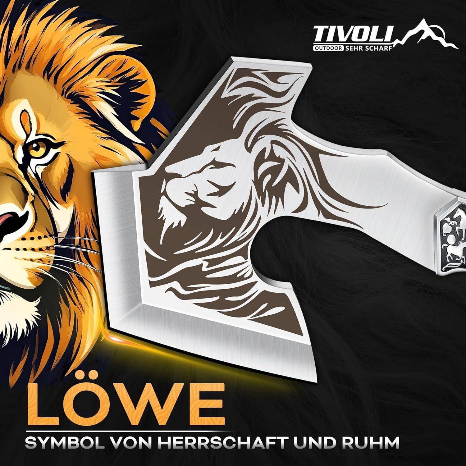 Ein stilisierter Löwenkopf mit einer Axt, begleitet vom Text 'Löwe Symbol von Herrschaft und Ruhm', der Stärke und Prestige bewirbt.