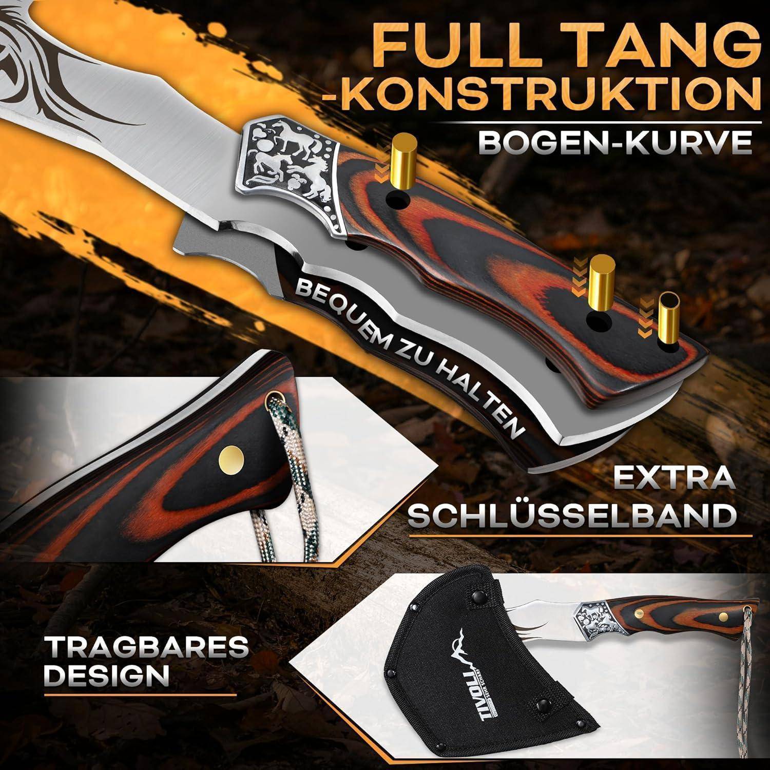 Volltangenkonstruktion-Messer mit ergonomischem Griff und geschwungener Klinge. Inklusive Details zur Schlüsselanhängerbohrung und Scheide für ein tragbares Design. Text auf Deutsch hebt die Merkmale hervor.