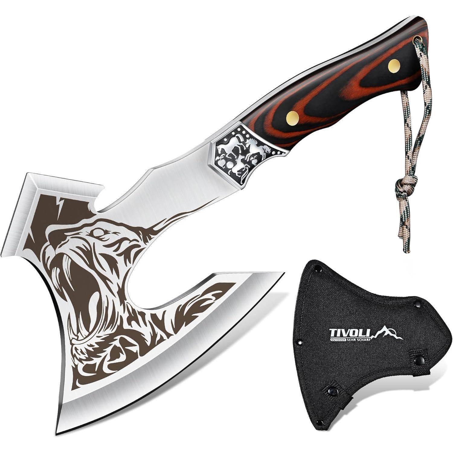 Aufwendige Handaxt mit einem Tigerdesign auf der Klinge, ausgestattet mit einem rot-schwarzen Griff. Inklusive einer schwarzen Tivoli-Scheide zum Abdecken.