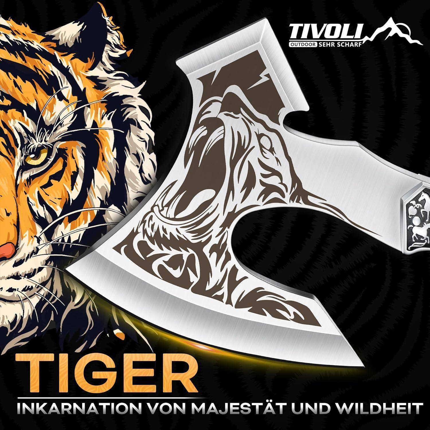 Plakat 'Tiger' mit einer Tigerillustration, die sich in eine Axtdesign verschmilzt, mit dem Text 'Inkarnation von Majestät und Wildheit', Werbung für Tivoli Outdoor.
