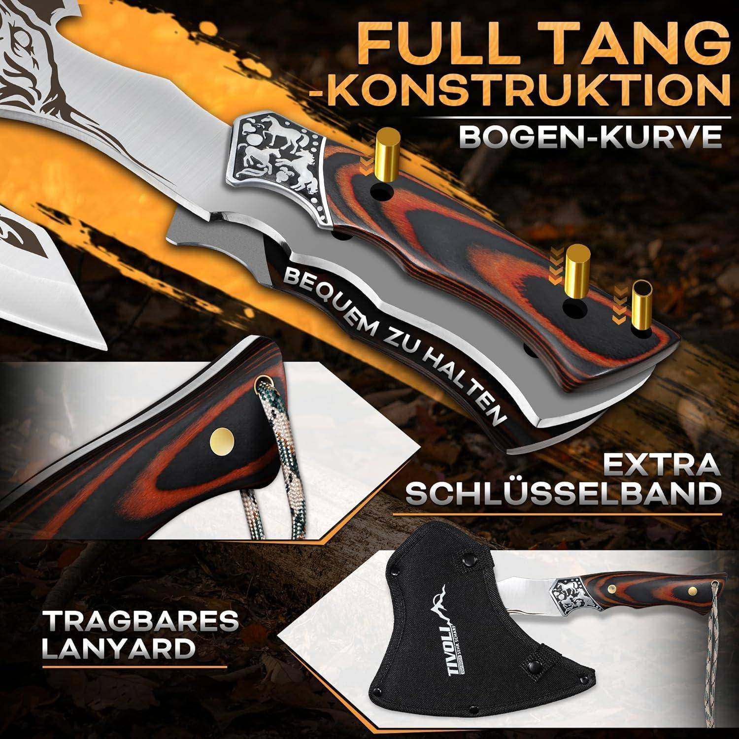 Messer mit 'Full Tang Konstruktion' und gebogener Griffform, mit der Beschriftung 'Bequem zu halten'. Inklusive Eigenschaften: 'Bogen-Kurve', zusätzliche Lanyard und Scheide.