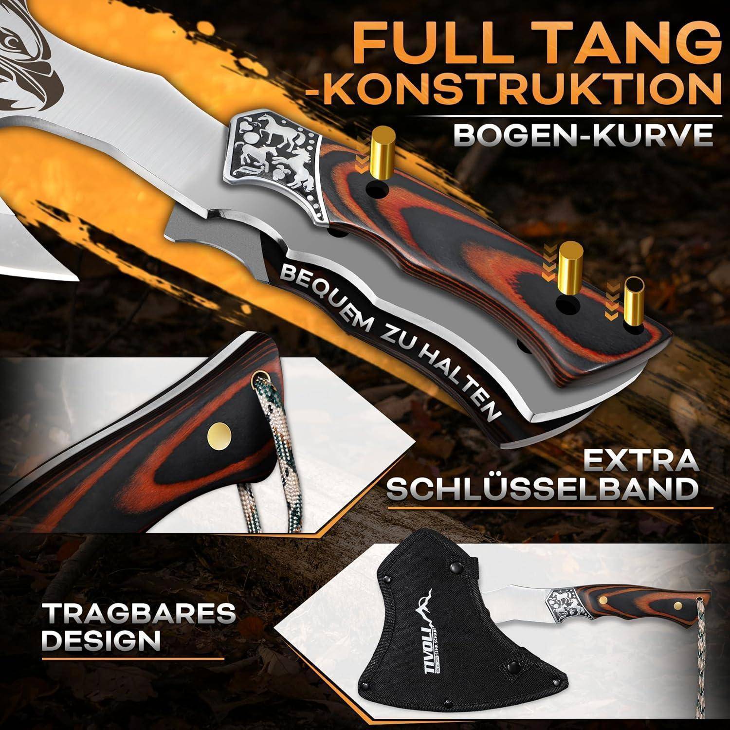 Jagdmesser mit 'Full Tang Konstruktion' mit gekrümmter Klinge und Holzgriff. Hervorgehobene Merkmale sind die 'Bogen-Kurve', das 'Extra Schlüsselband' und das 'Tragbare Design'.