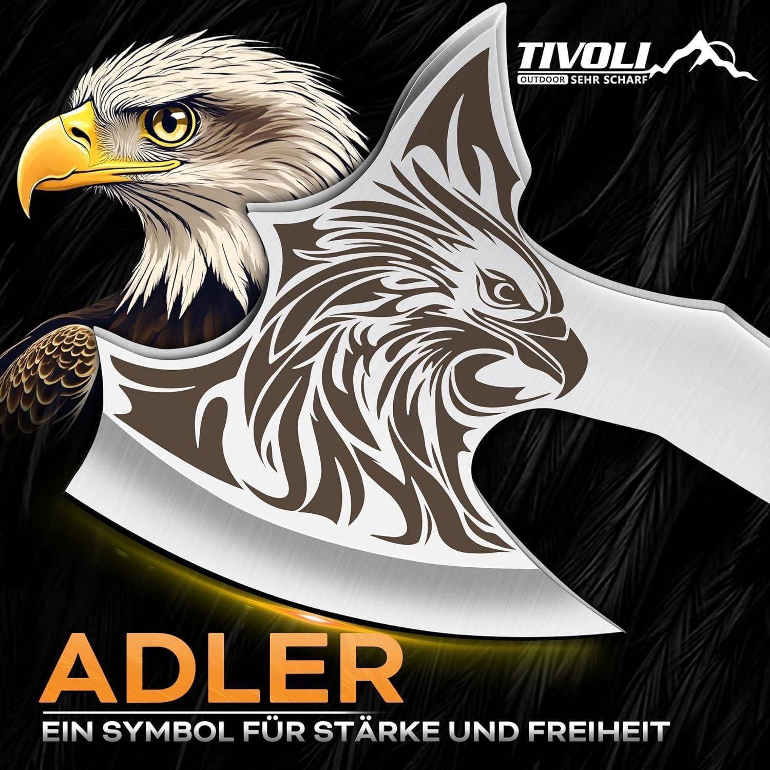 Ein Adler mit detaillierten Federmuster auf einer Axtklinge. Text liest sich 