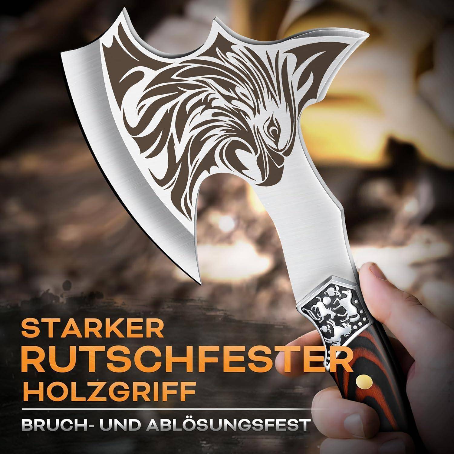 Ein Griff hält ein Messer mit einem Holzgriff und intrikatem Klingendesign. Text lautet: 'Starker rutschfester Holzgriff, Bruch- und Ablösungsfest.
