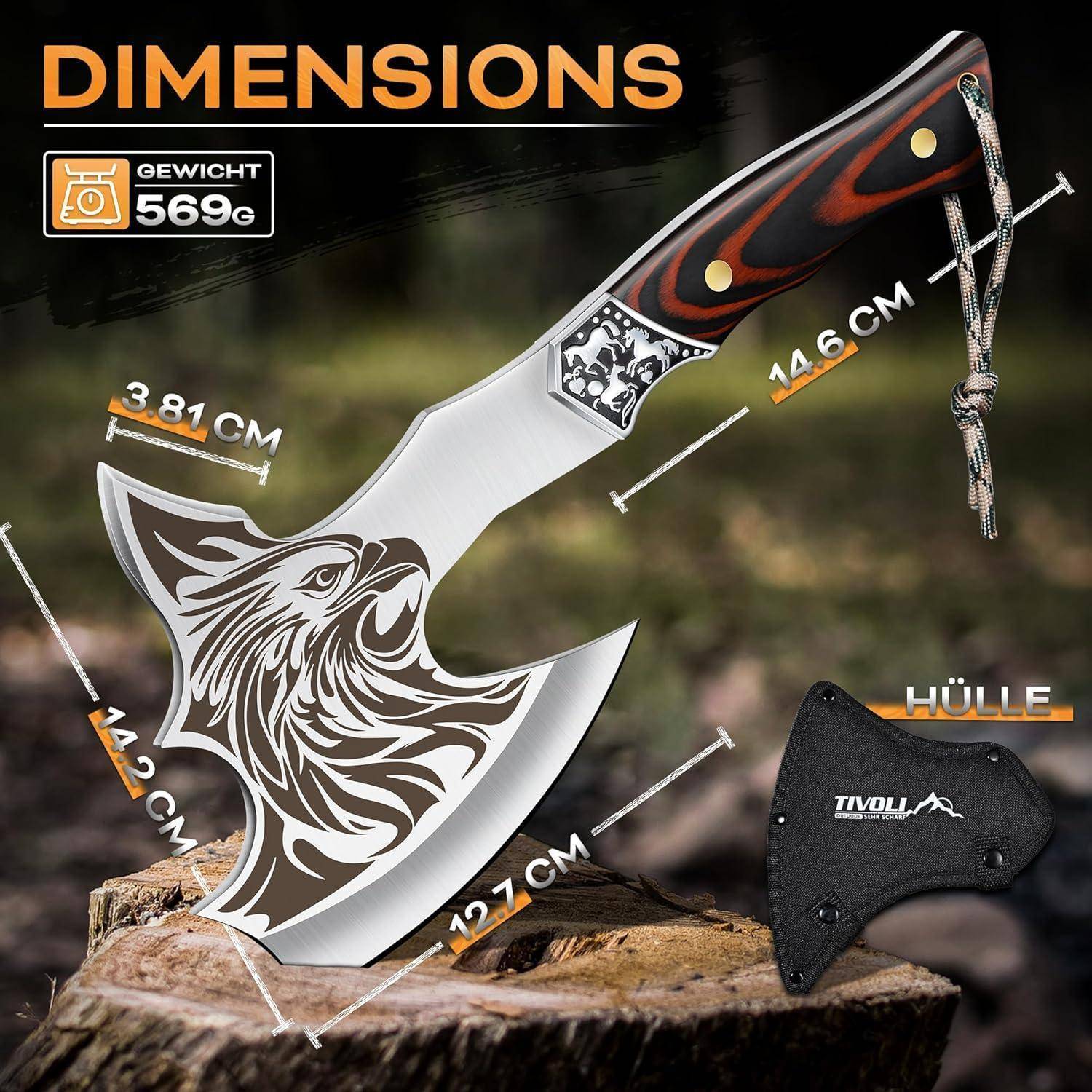 Messer mit verziertem Adlerdesign auf der Klinge, Holzgriff und Lanyard. Abmessungen: Klinge 14,6 cm, Breite 3,81 cm, Höhe 12,7 cm, Gewicht 569 g.