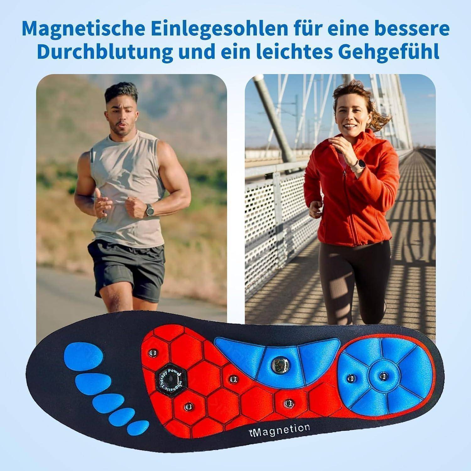 Zwei Läufer, ein Mann und eine Frau, joggen im Freien; unten ist eine magnetische Einlegesohle zu sehen. Der Text auf Deutsch erörtert die Vorteile für die Durchblutung und Gehkomfort.