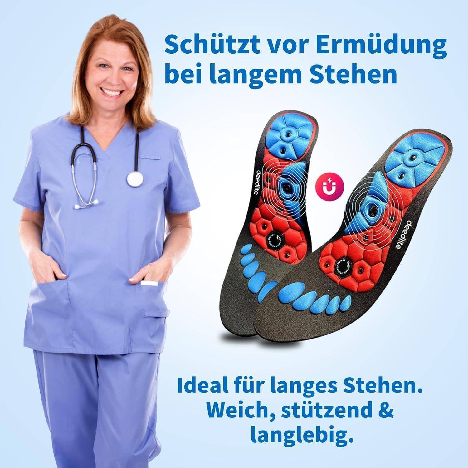 Eine Krankenschwester in Dienstkleidung steht neben Einlagen, die als Ermüdungsschutz bei langem Stehen gekennzeichnet sind. Text: 'Ideal für langes Stehen. Weich, stützend & langlebig.
