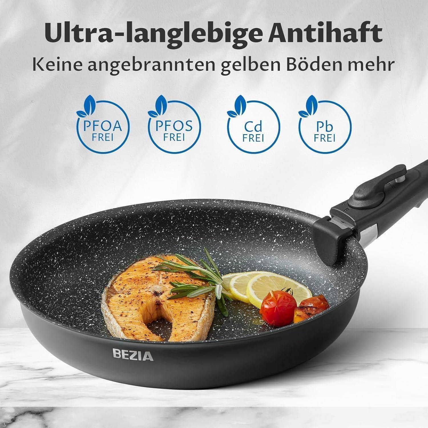 Ultra-langlebige Antihaft'-Pfanne mit Lachs, Zitrone und Tomaten, die die PFOA-, PFOS-, Cd-, Pb-freien Eigenschaften hervorhebt.