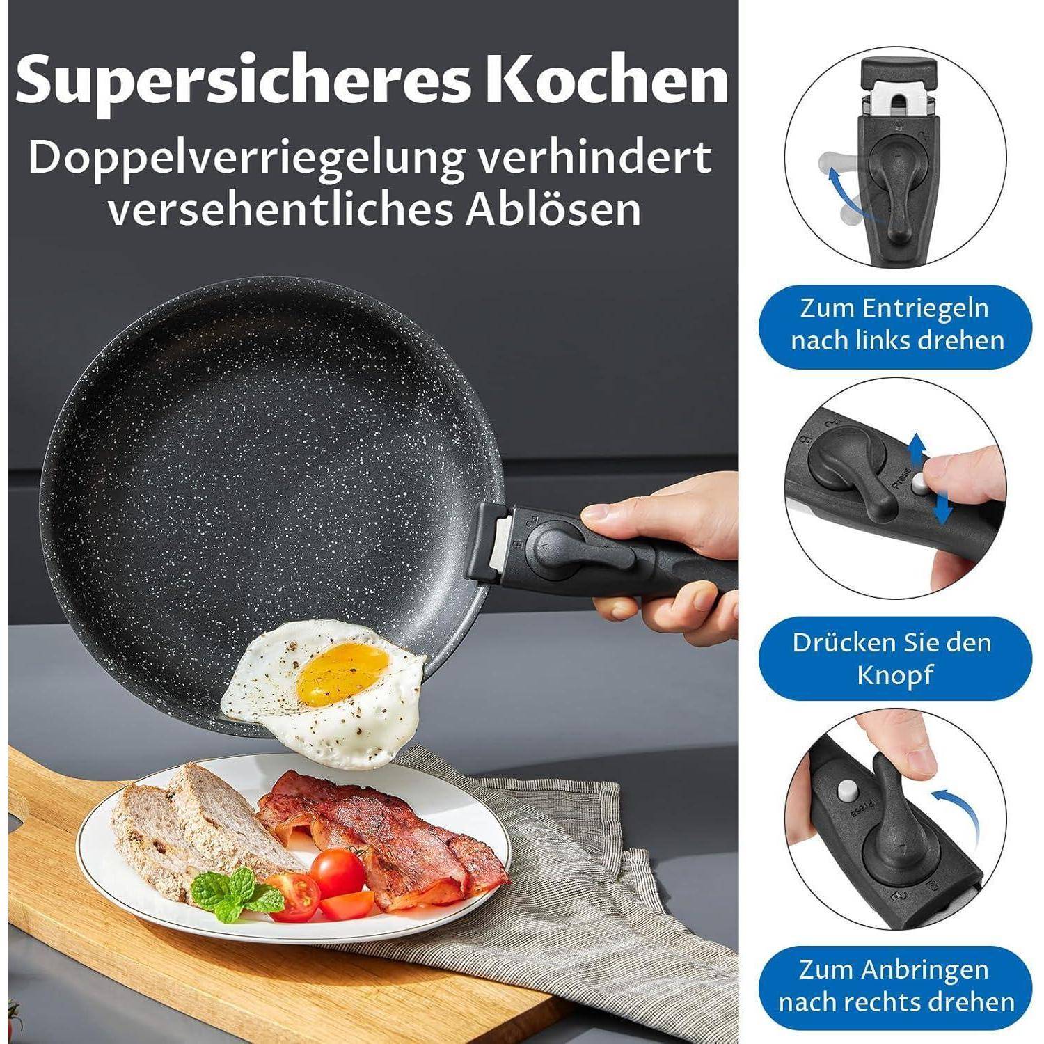 Eine Pfanne mit abnehmbarem Griff wird gezeigt, in der ein gebratenes Ei und Speck liegen. Text darüber liest sich: 'Supersicheres Kochen'.
