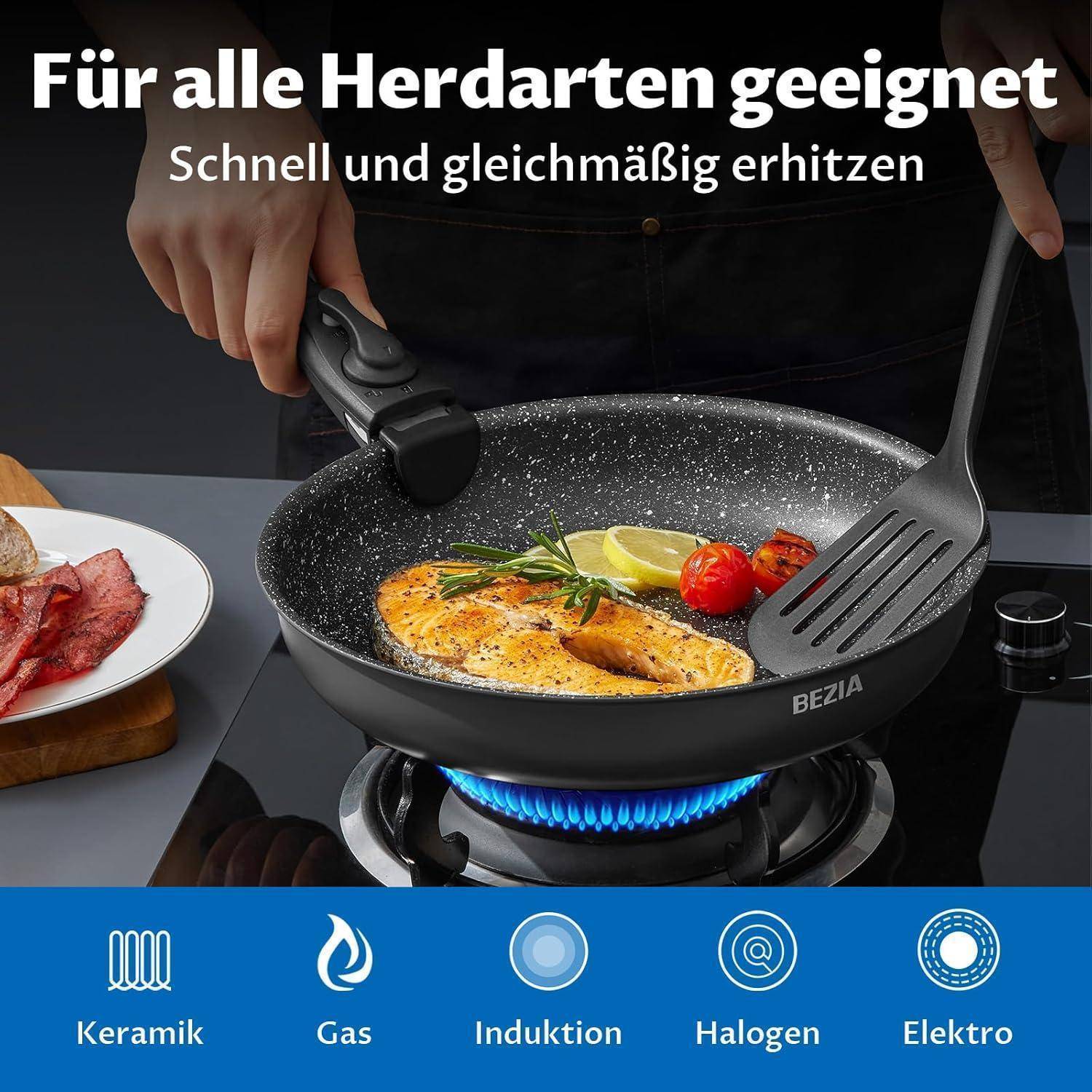 Eine Hand, die eine Pfanne mit Fisch und Tomaten hält, die auf einem Gasherd kochen. Der Text im Bild bewirbt die Eignung für verschiedene Kochplatten.