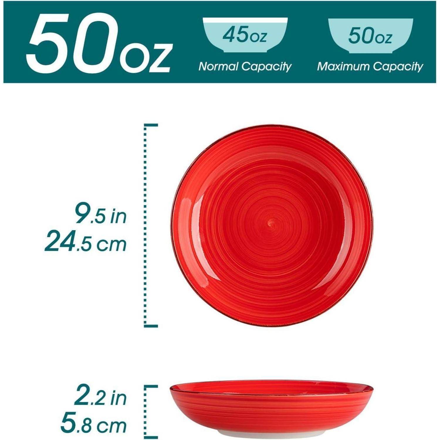 Rote Platte mit einer Kapazität von 50 Unzen, illustriert mit einem Durchmesser von 9,5 Zoll, einer Höhe von 2,2 Zoll. Vergleich mit normaler und maximaler Kapazität.