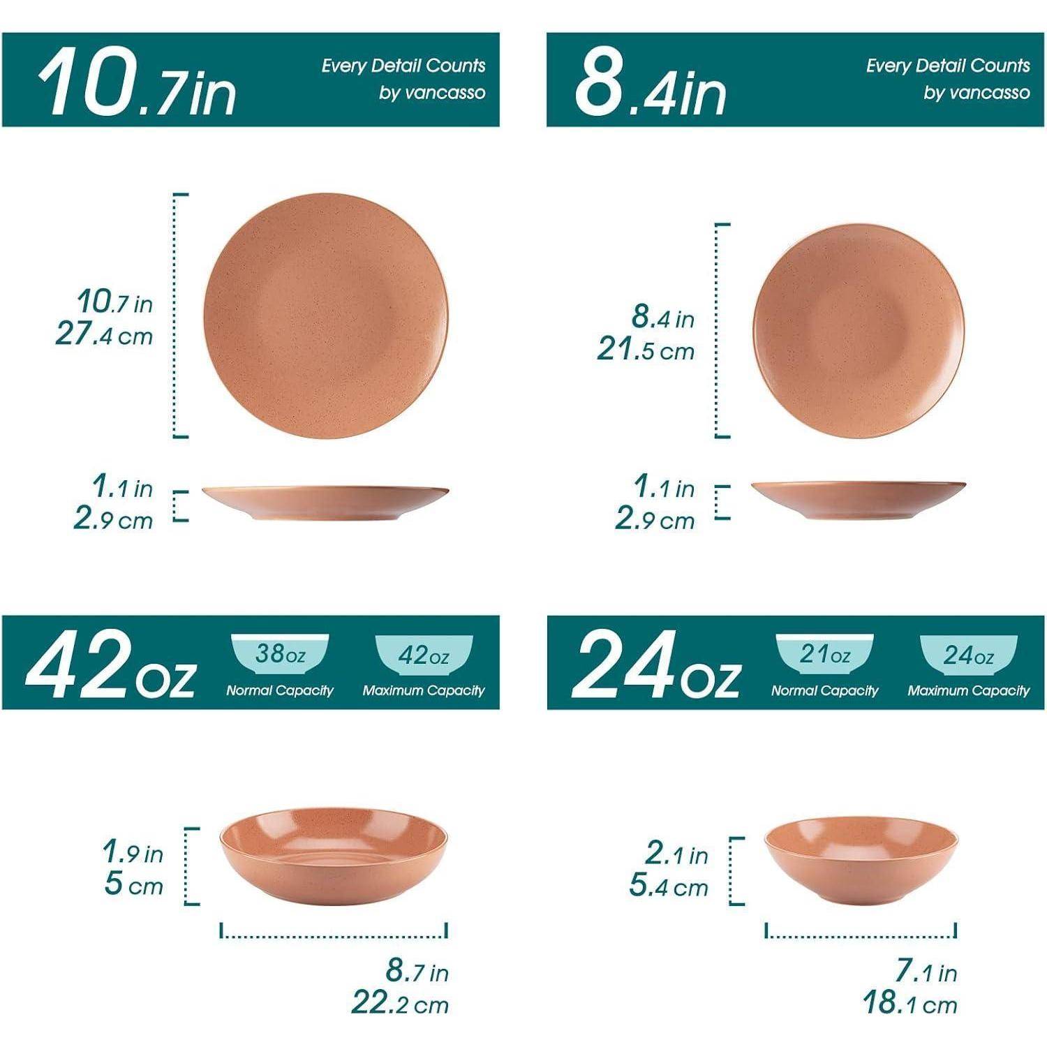 Vanccasso Teller-Set Abmessungen und Kapazitäten: 27,2 cm Teller, 1,24 Liter Schüssel; 21,3 cm Teller, 0,71 Liter Schüssel. Profile und Größen abgebildet.