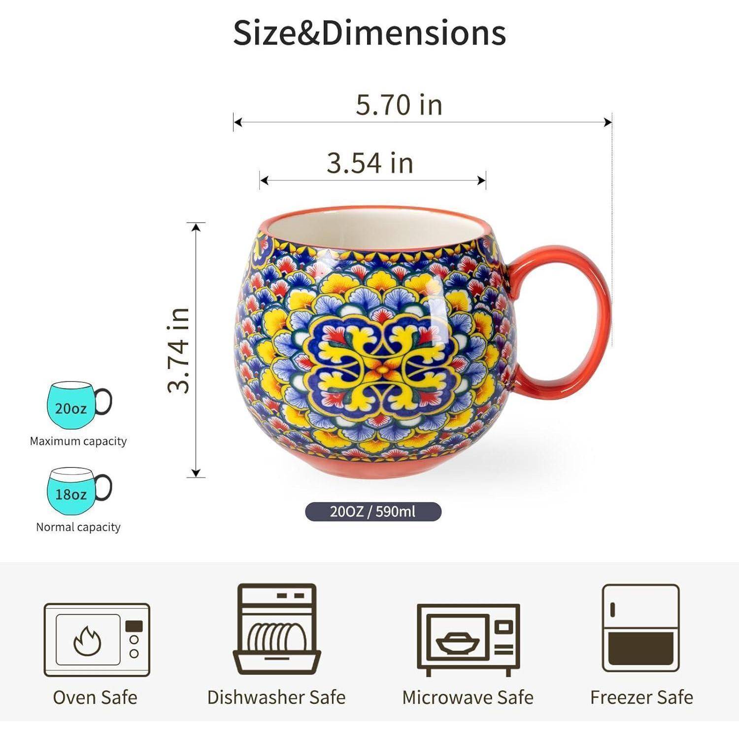 Bild einer farbenfrohen Tasse mit Blumenmustern, Abmessungen markiert: 5,70 in Breite, 3,74 in Höhe. Fassungsvermögen: 20 oz. Geeignet für Ofen, Geschirrspüler, Mikrowelle und Gefrierschrank.