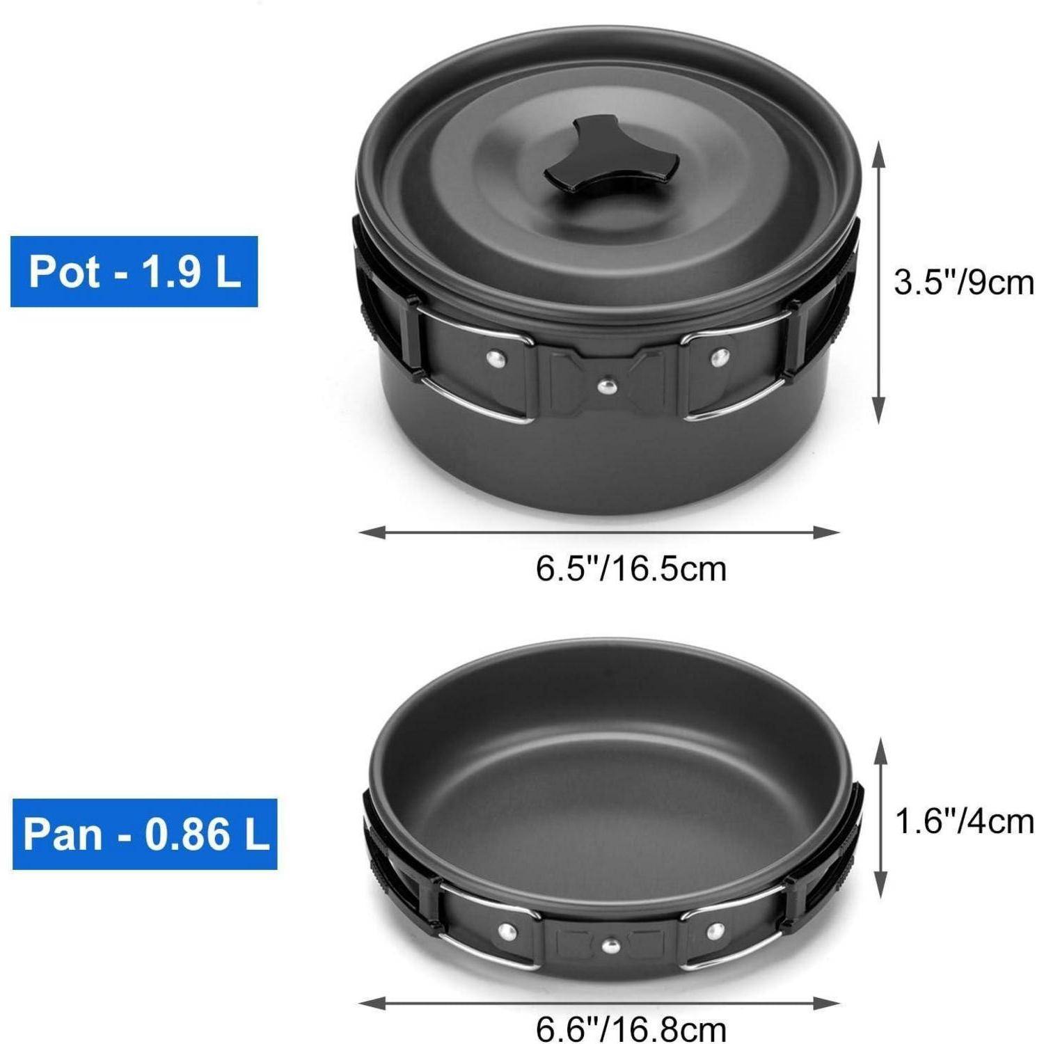 Kochgeschirr-Set mit einem 1,9 L Topf und einer 0,86 L Pfanne. Der Topf ist 3,5 Zoll hoch und 6,5 Zoll im Durchmesser; die Pfanne ist 1,6 Zoll hoch und 6,6 Zoll im Durchmesser.