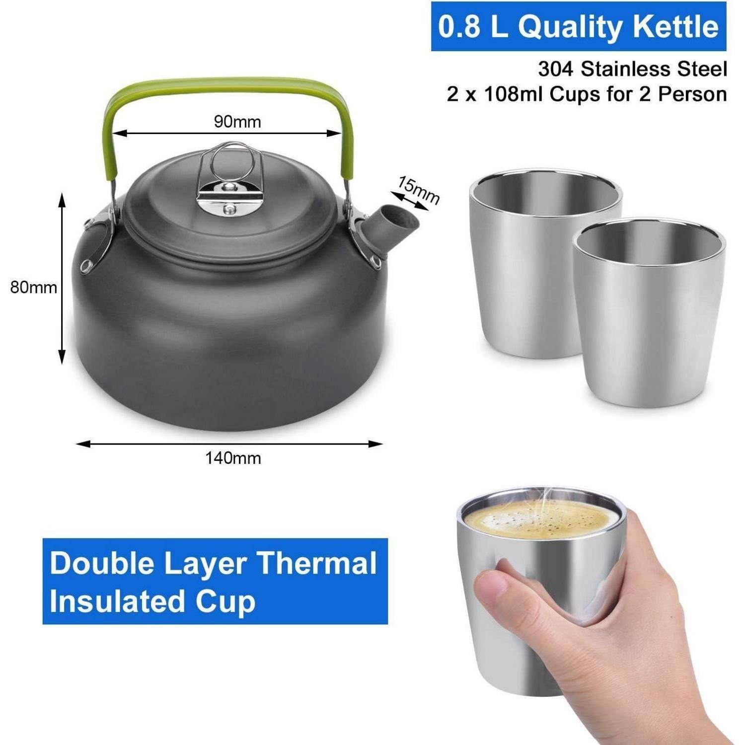 0,8 L Qualitätskessel mit gezeigten Abmessungen. Zusammen mit zwei doppelwandigen, wärmeisolierten Tassen, geeignet für zwei Personen.