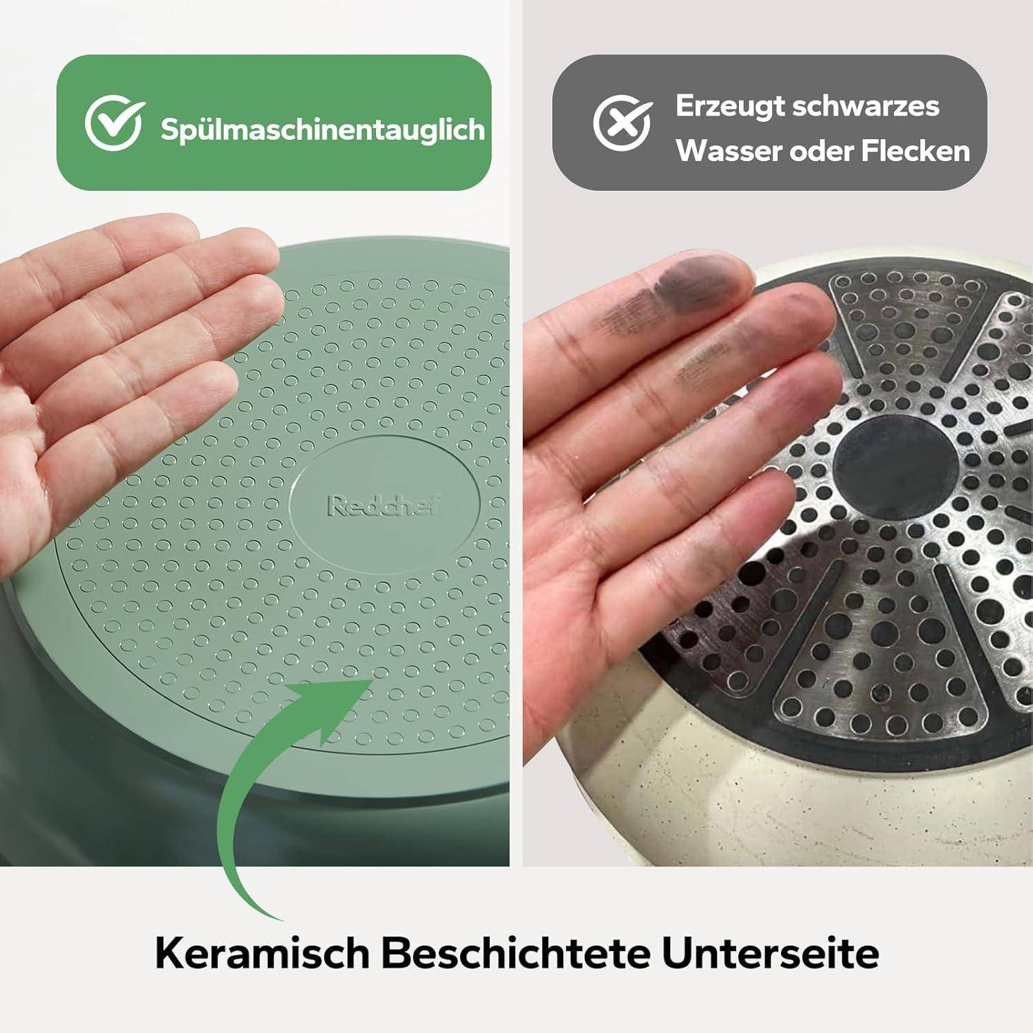 Linkes Bild: Saubere Hand über Keramik-beschichteter Pfannenbasis mit Text 'Spülmaschinentauglich'. Rechtes Bild: Schmutzige Hand über Pfanne mit Text 'Erzeugt schwarzes Wasser oder Flecken'.