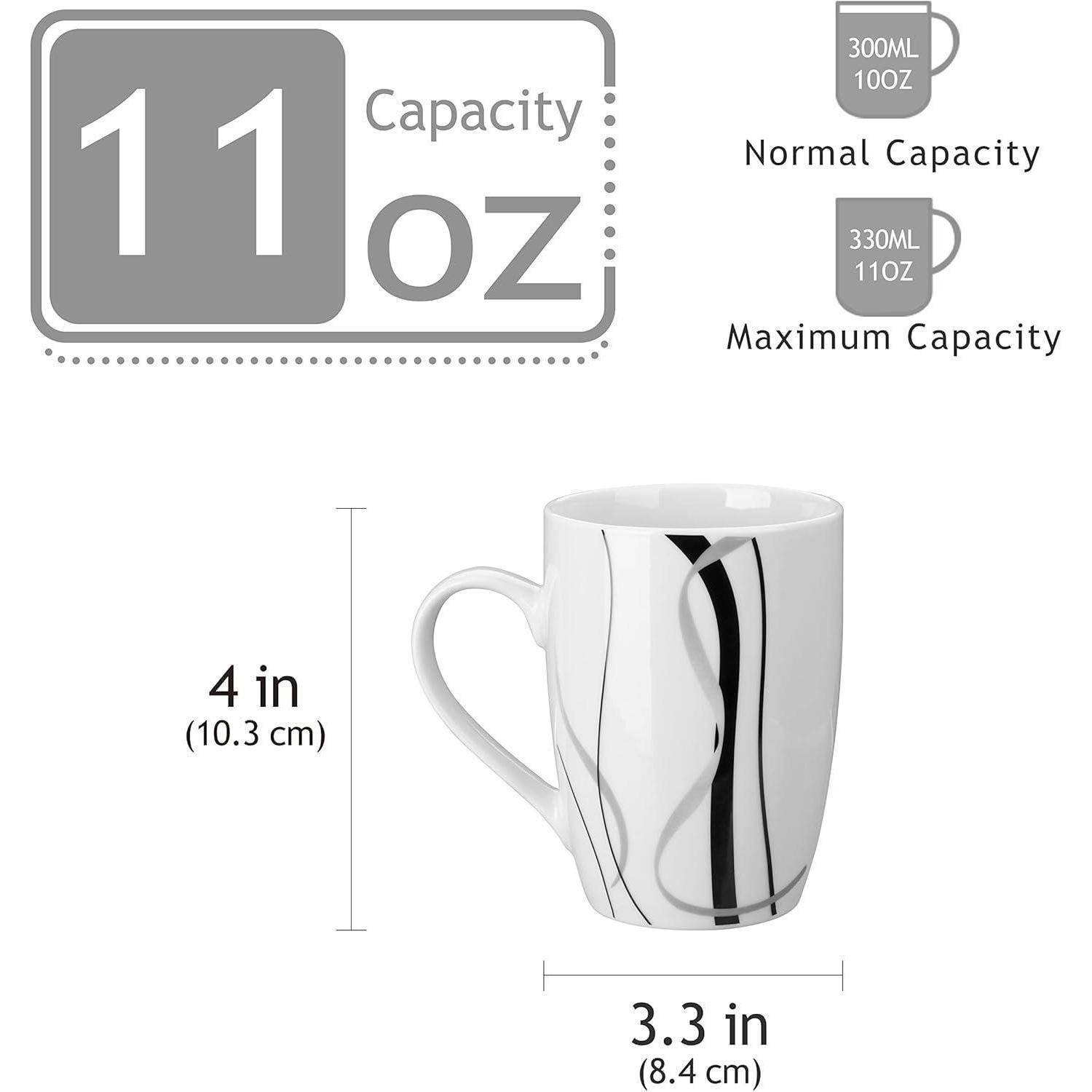 Weiße Tasse mit schwarzer Wirbeldesign. Abmessungen: 10,2 cm hoch bei 8,4 cm breit. Maximale Kapazität von 325 ml mit visueller Gegenüberstellung zu 295 ml.