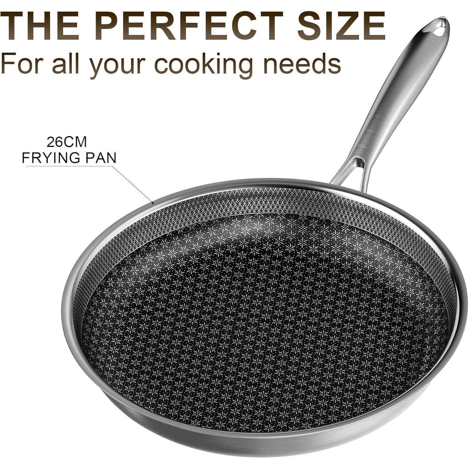 Eine 26cm Pfanne mit strukturierter Antihaftoberfläche und metallenem Griff. Text lautet: 
