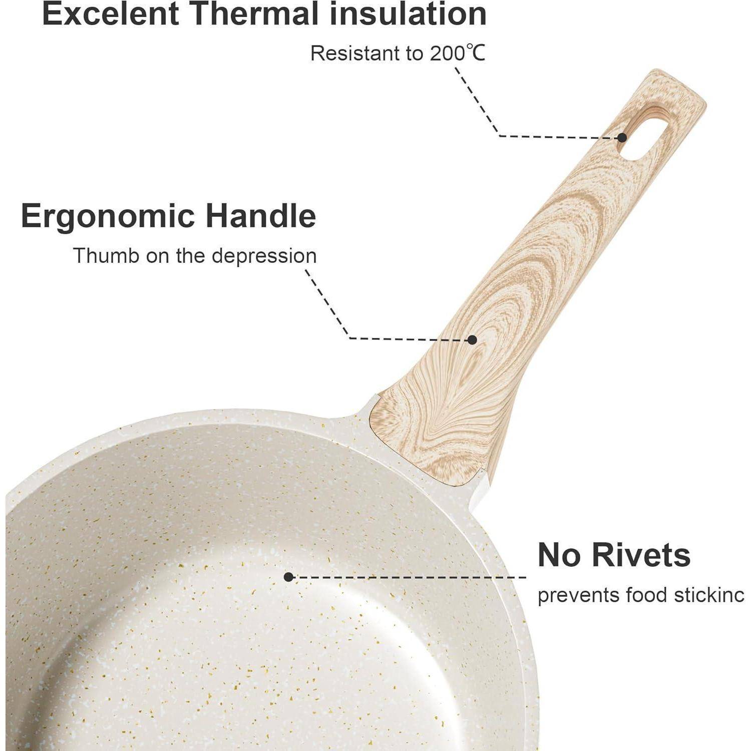 Ein Kochtopf mit einem ergonomischen Holzgriff, gekennzeichnet mit 'Hervorragende Wärmeisolierung' und 'Keine Nieten', mit Beschriftung am Griff und am Topf.