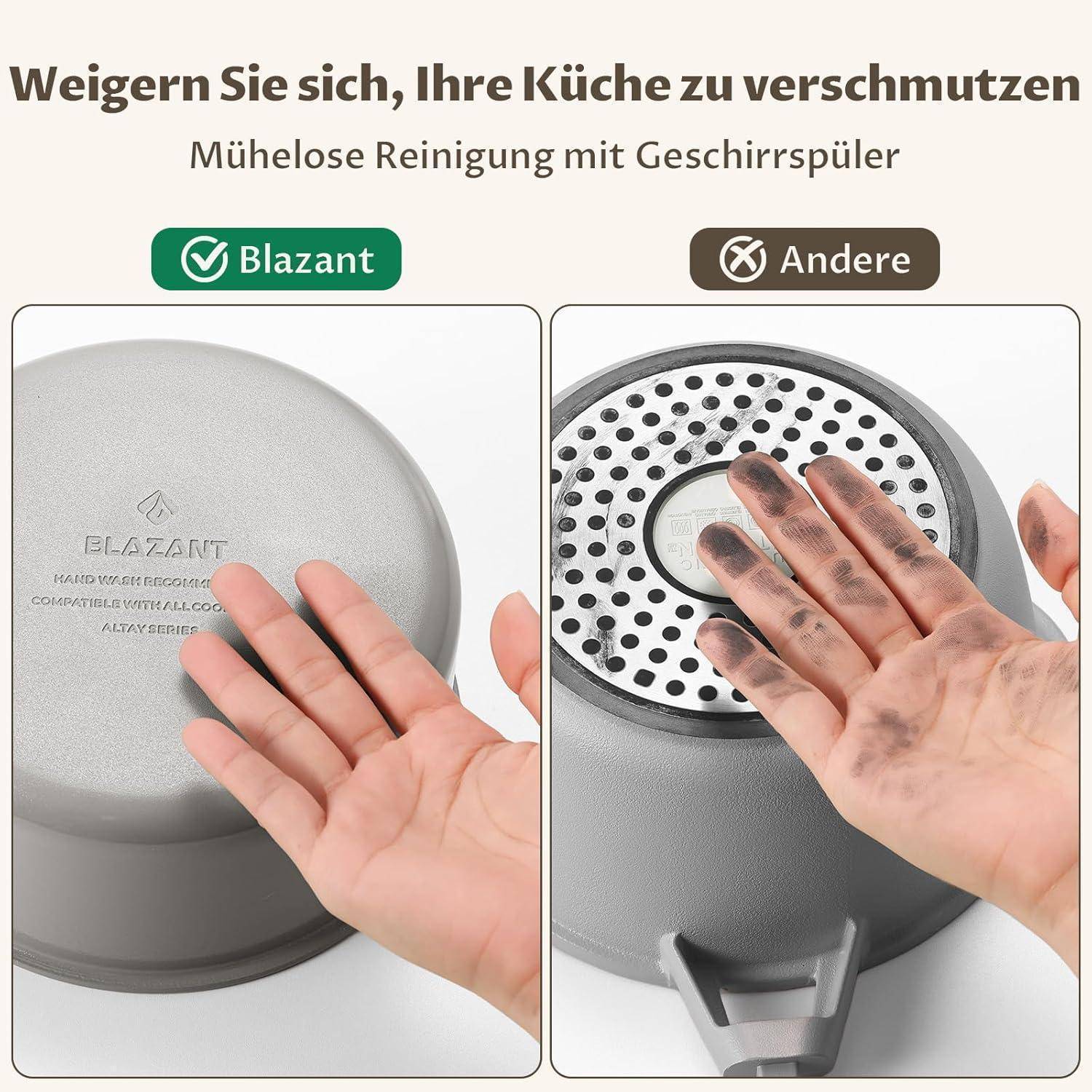 Zwei Hände, die jeweils eine Pfanne halten. Die Pfanne in der linken Hand ist sauber und mit 
