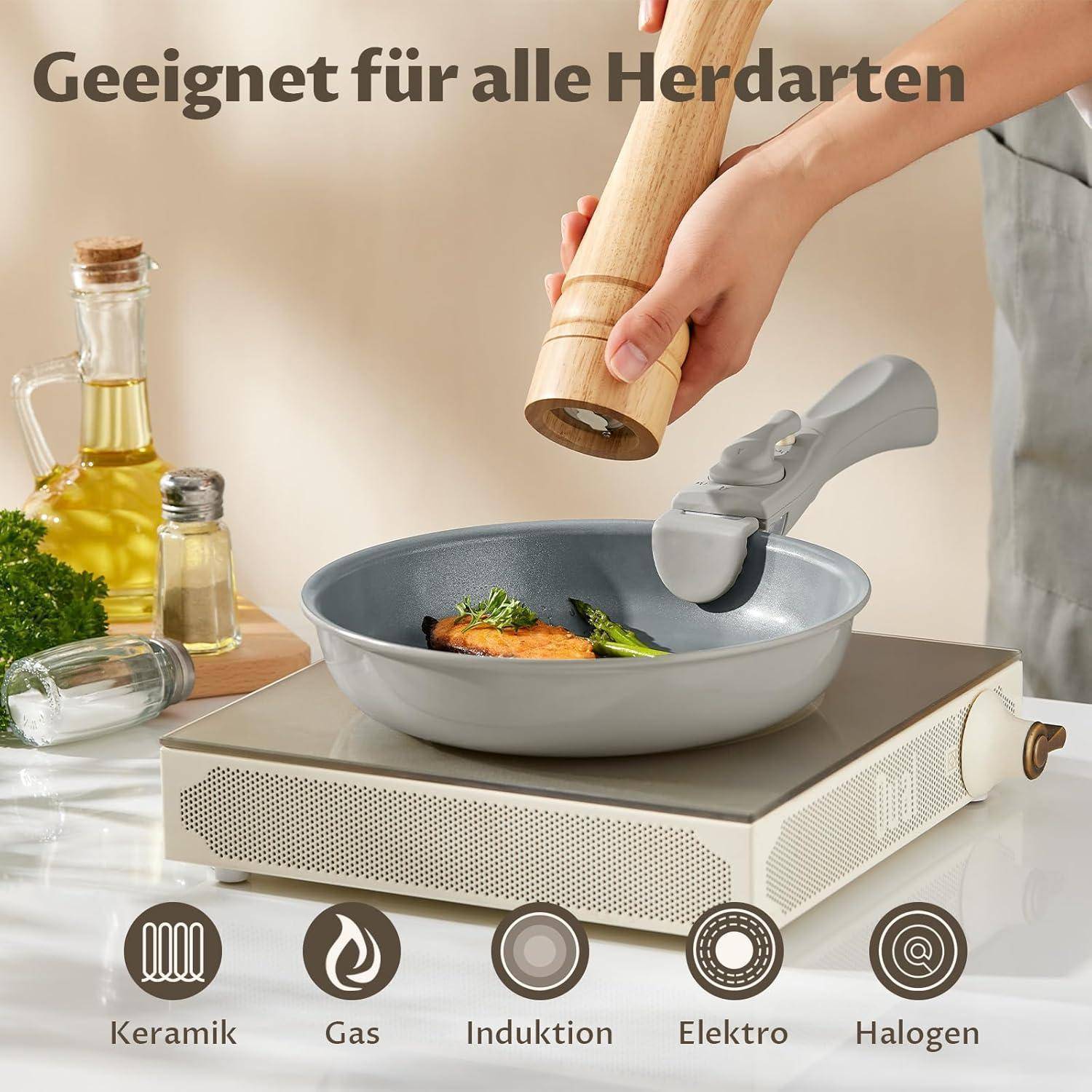 Eine Hand streut Gewürze auf Fleisch und Gemüse in einer Pfanne auf einem Induktionsherd. Text darüber liest sich: 