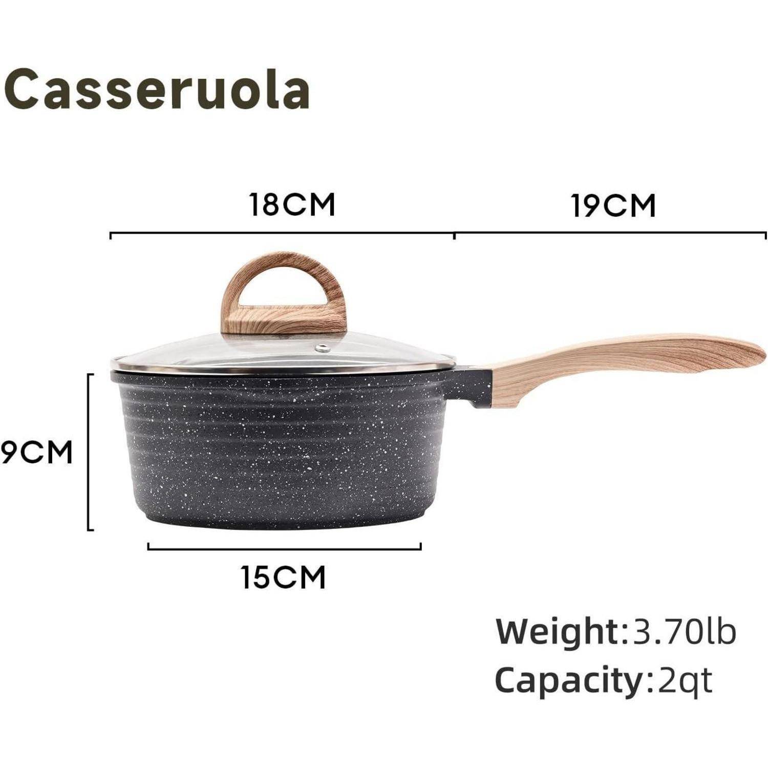 Ein grau gesprenkelte Stielkasserolle mit Holzgriff, Deckel und Abmessungen: 18 cm x 19 cm; Gewicht: 3,70 Pfund; Fassungsvermögen: 2 Quart.
