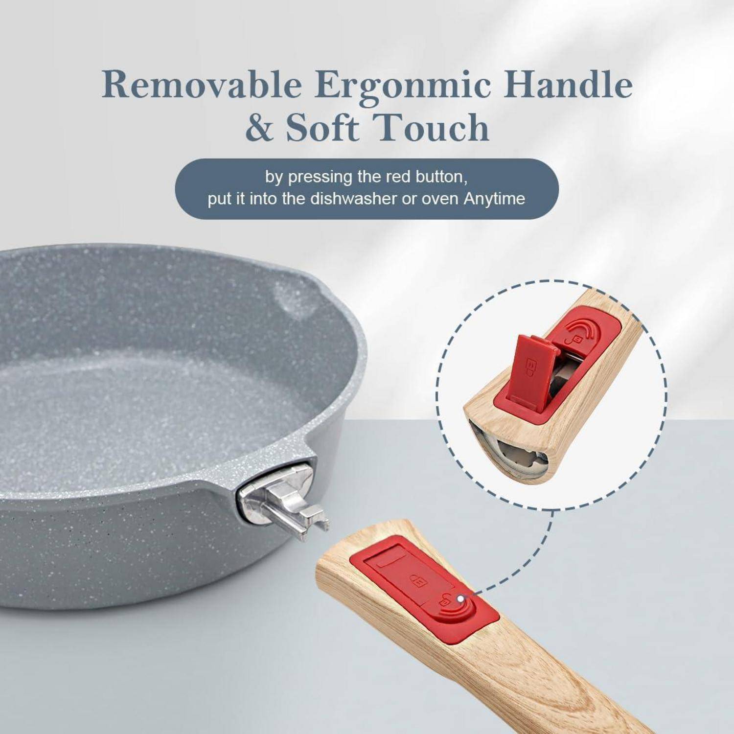 Eine Antihaftpfanne mit einem abnehmbaren ergonomischen Holzgriff, hervorgehoben durch einen roten Sicherheitsknopf, der die einfache Befestigung und Geschirrspülmaschineneignung betont.