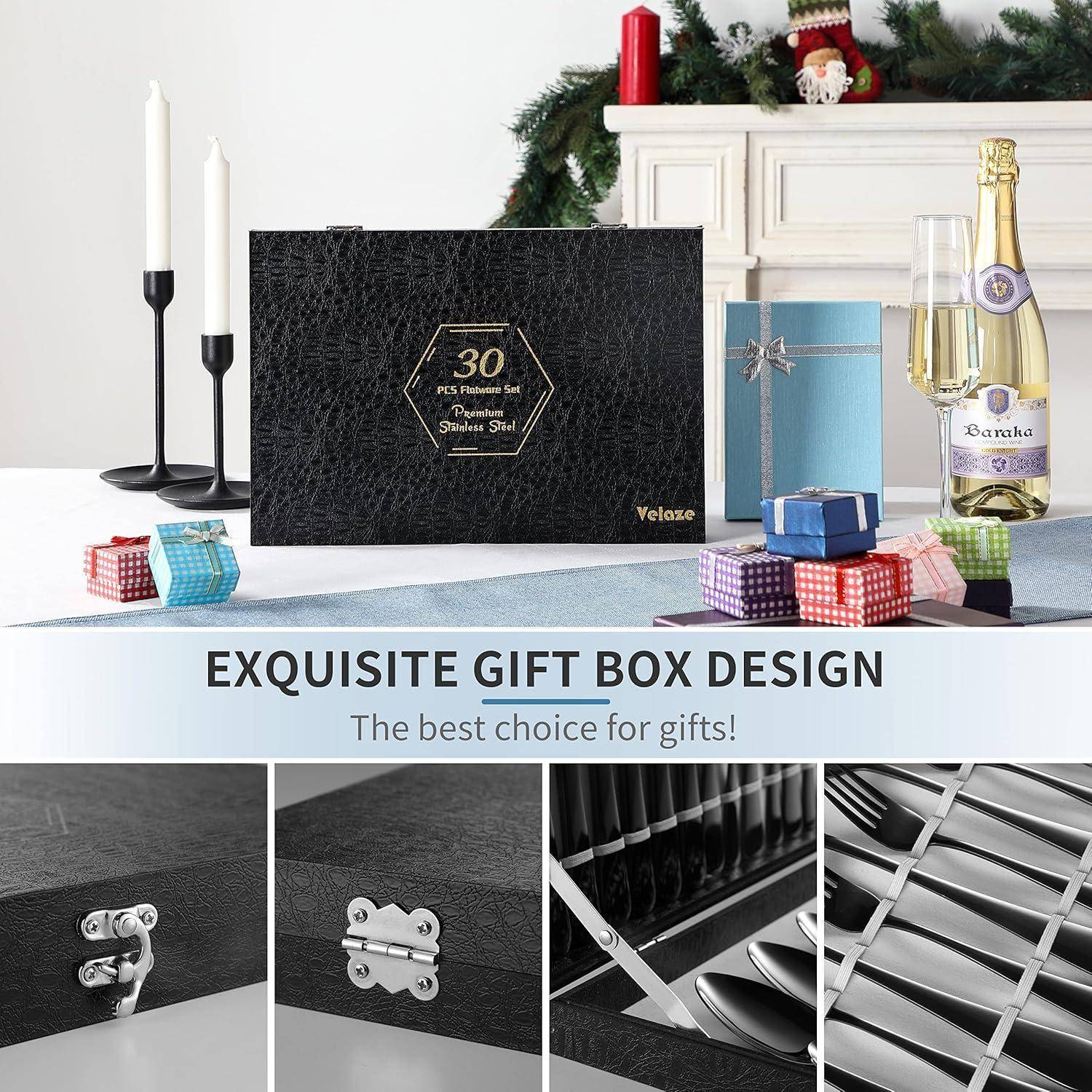 Exquisite Design einer Geschenkbox mit einer dekorativen Geschenkbox, einer Flasche und Gläsern, umgeben von festlicher Dekoration und geschenkverpackten Gegenständen.