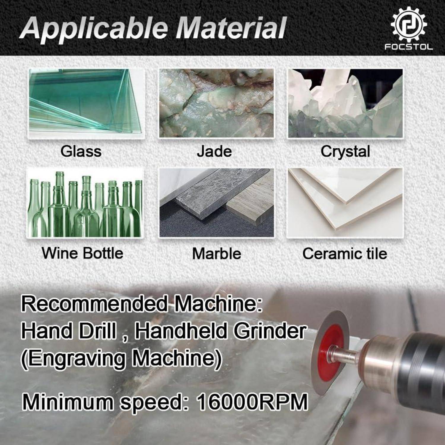Verschiedene Materialien einschließlich Glas, Jade und Marmor, dargestellt mit empfohlenen Maschinen: Handbohrmaschine, Winkelschleifer. Mindestgeschwindigkeit: 16000 U/min.