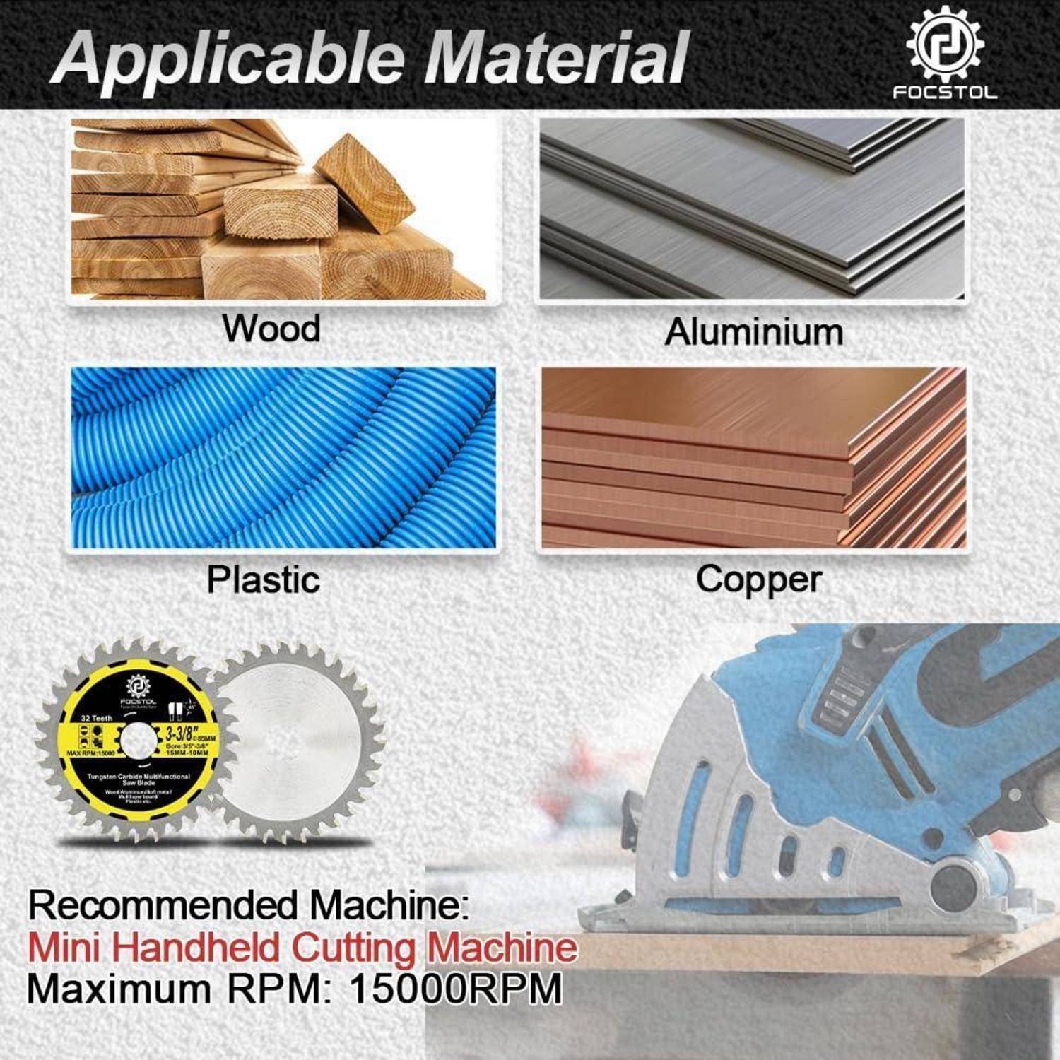Verwendbares Material: Holz, Aluminium, Kunststoff, Kupfer. Empfohlene Maschine: Mini tragbare Schneidemaschine, Maximale Drehzahl: 15000 U/min.