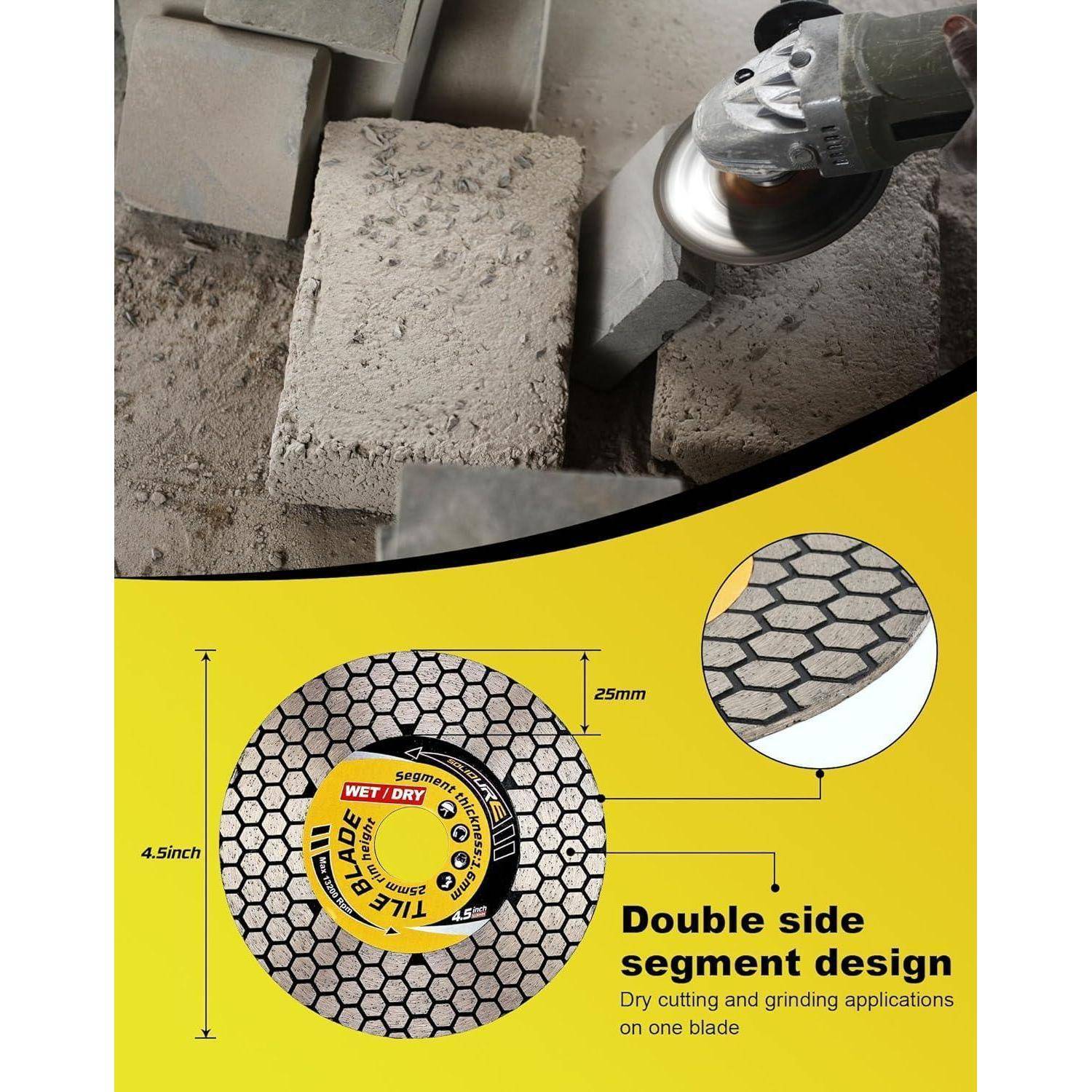 Eine Winkelschleifer schneidet einen Betonblock mit einer doppelseitigen Scheibe, unten mit Details hervorgehoben: 4,5 Zoll, 25 mm Segmentdicke.